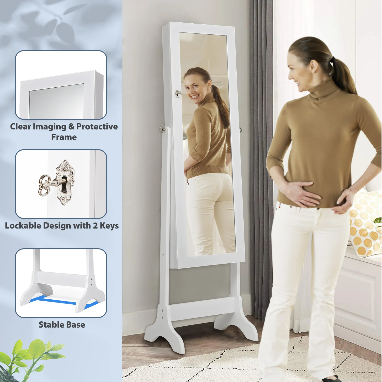 Lockable Mirrored Jewelry Cabinet Armoire, White - Image 3