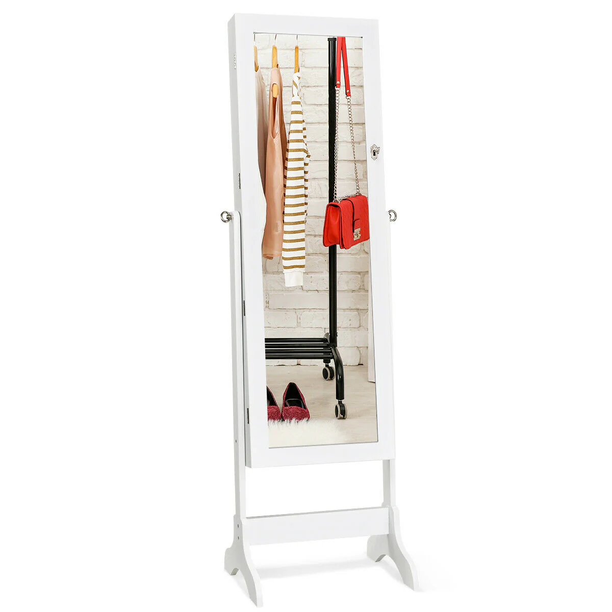Lockable Mirrored Jewelry Cabinet Armoire, White - Image 4