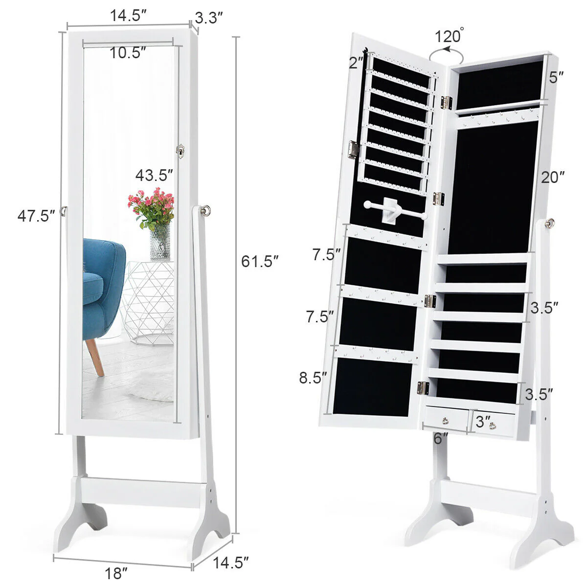 Lockable Mirrored Jewelry Cabinet Armoire, White - Image 5