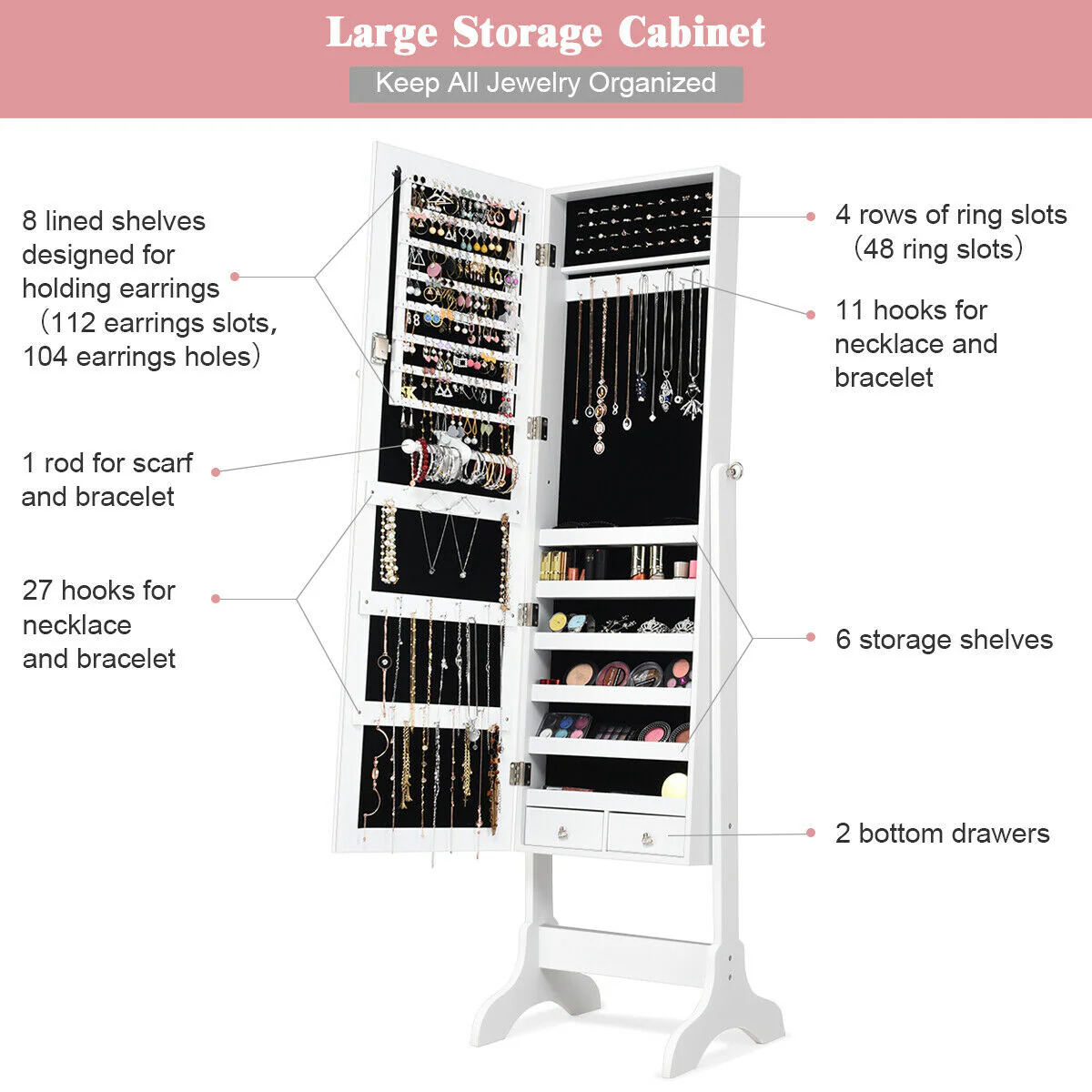 Lockable Mirrored Jewelry Cabinet Armoire, White - Image 6