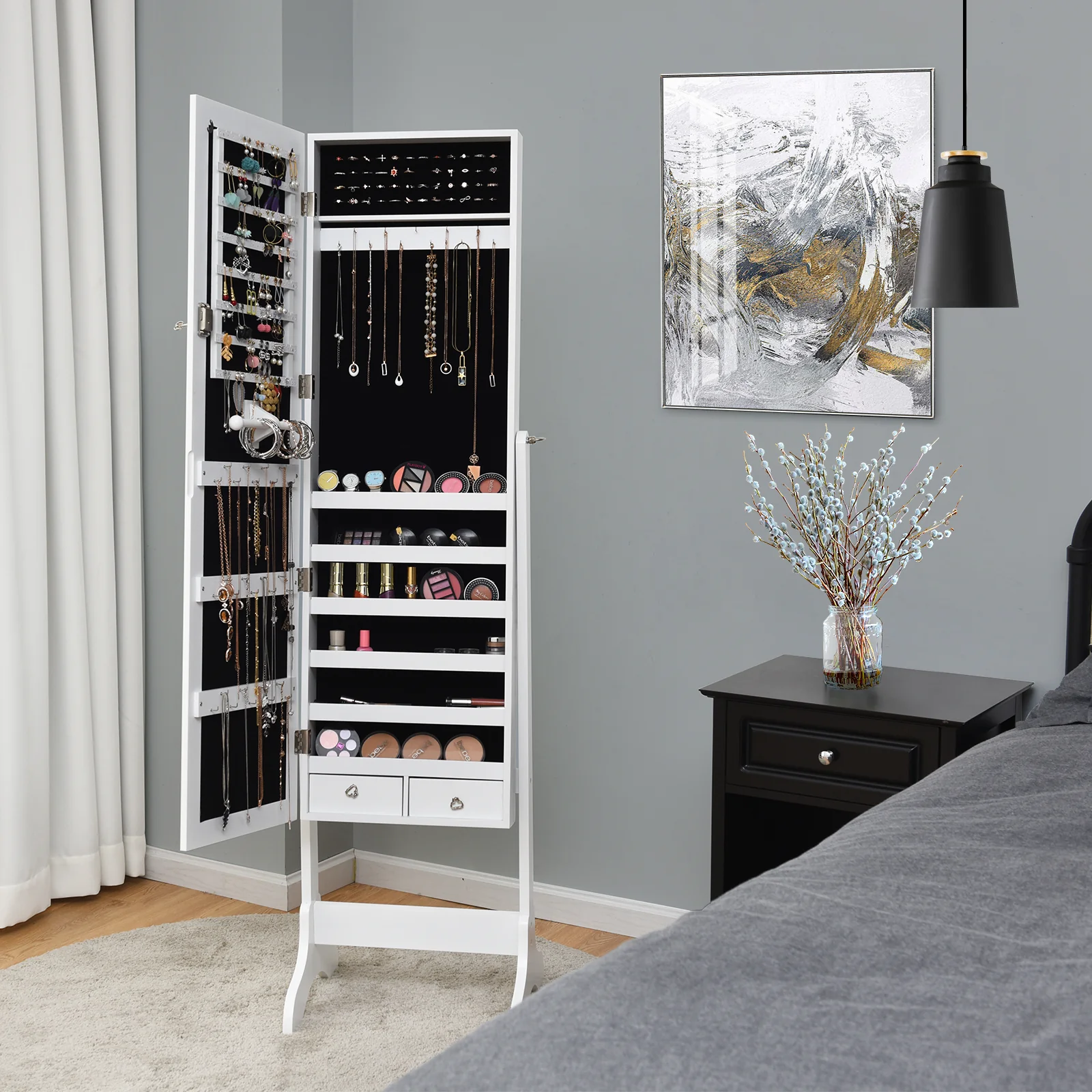 Lockable Mirrored Jewelry Cabinet Armoire, White - Image 7