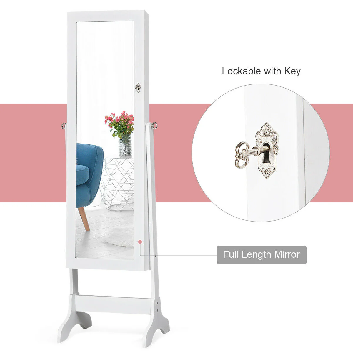 Lockable Mirrored Jewelry Cabinet Armoire, White - Image 8