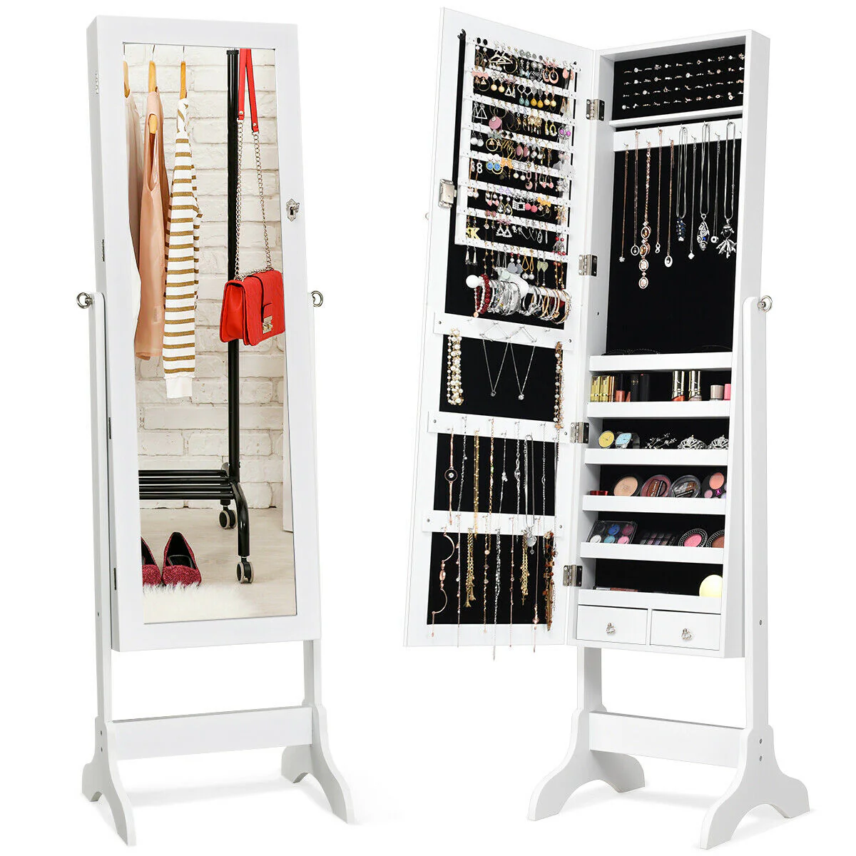 Lockable Mirrored Jewelry Cabinet Armoire, White - Image 9