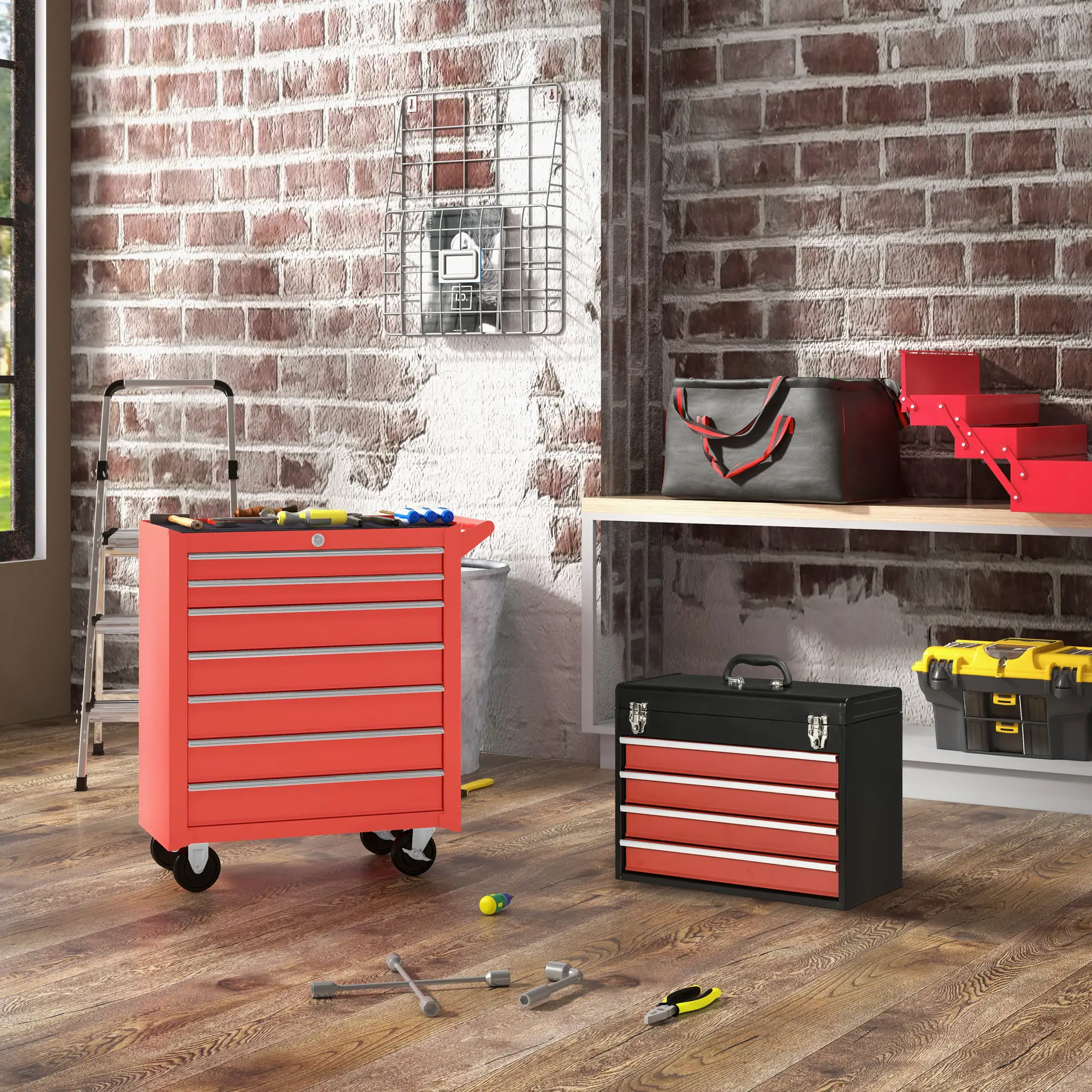 Lockable Tool Chest Set, 7 Drawer Cabinet with Wheels, 4 Drawer Portable, Red - Image 2
