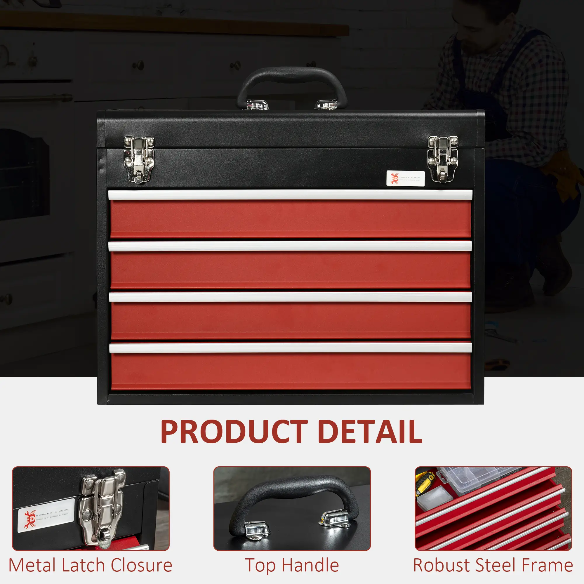 Lockable Tool Chest Set, 7 Drawer Cabinet with Wheels, 4 Drawer Portable, Red - Image 4
