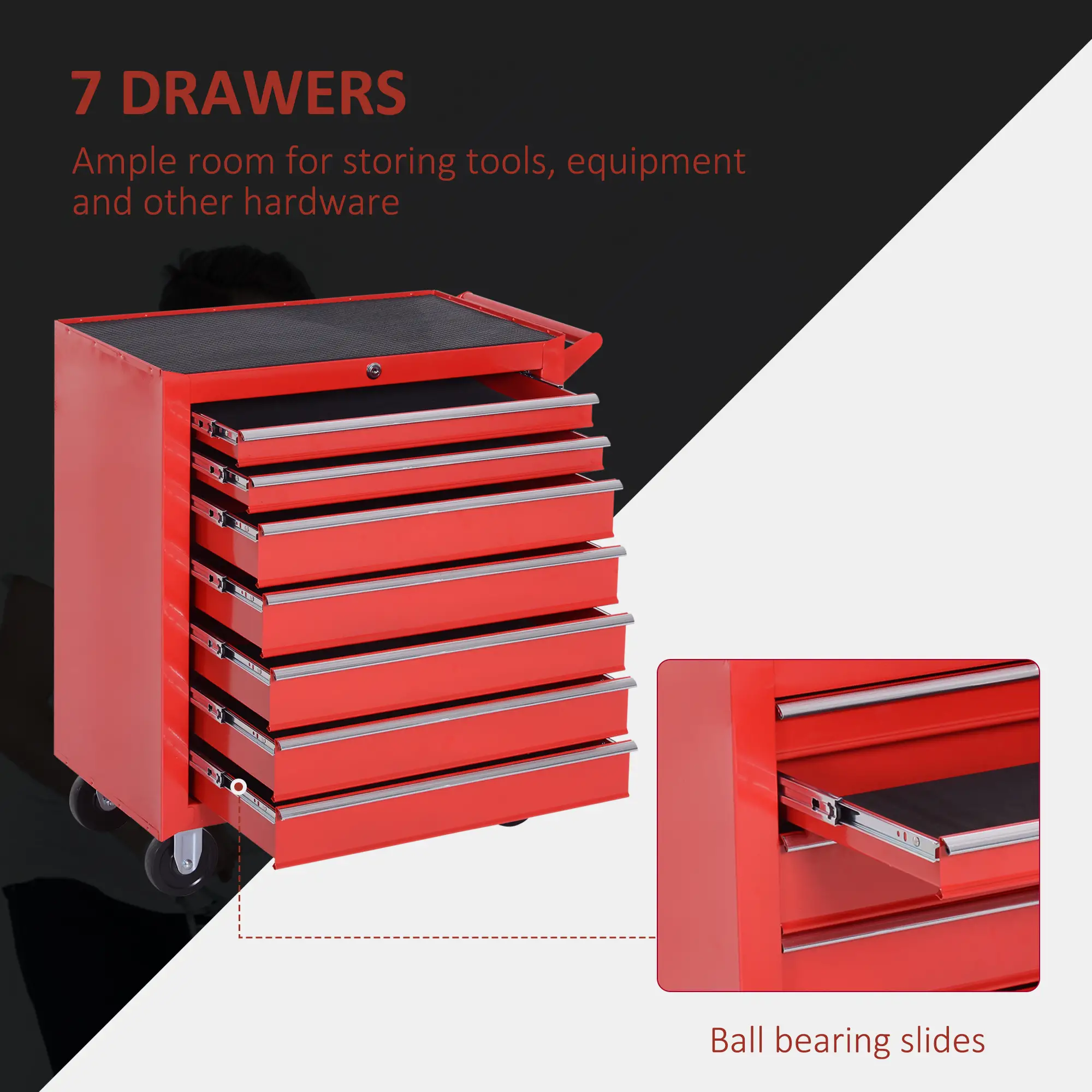 Lockable Tool Chest Set, 7 Drawer Cabinet with Wheels, 4 Drawer Portable, Red - Image 6
