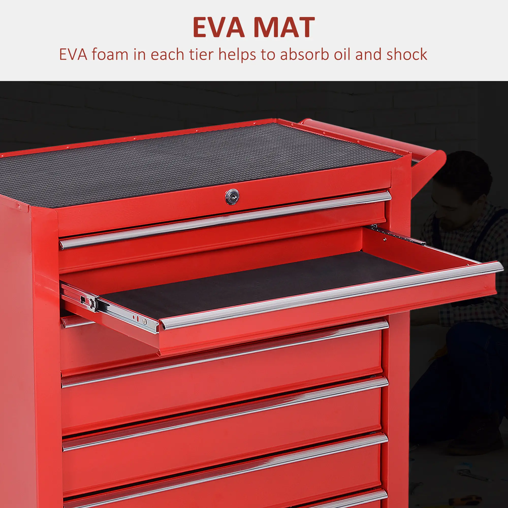 Lockable Tool Chest Set, 7 Drawer Cabinet with Wheels, 4 Drawer Portable, Red - Image 7