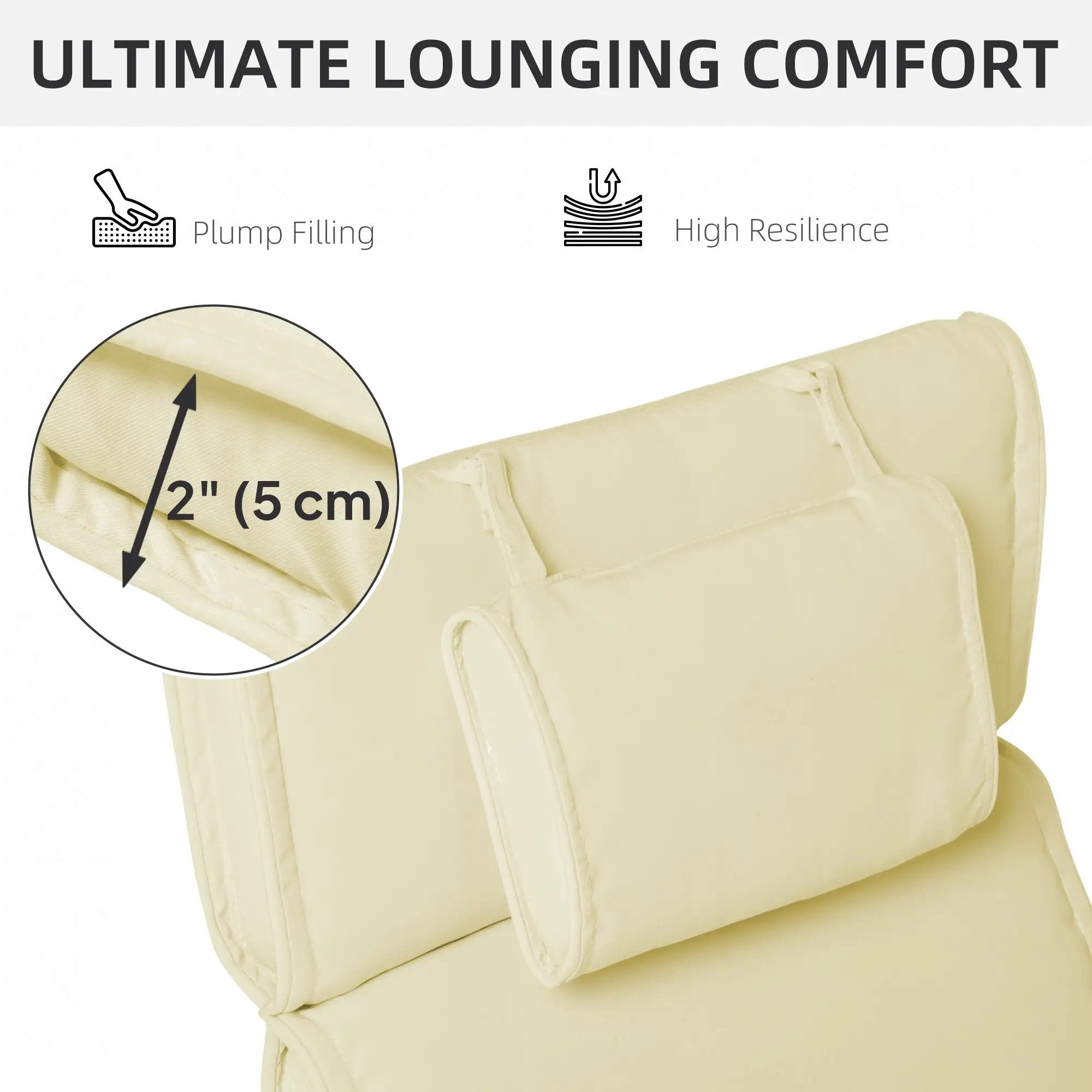 Lounger Chair Cushion, Thick Padded with Headrest, Cream White - Image 4