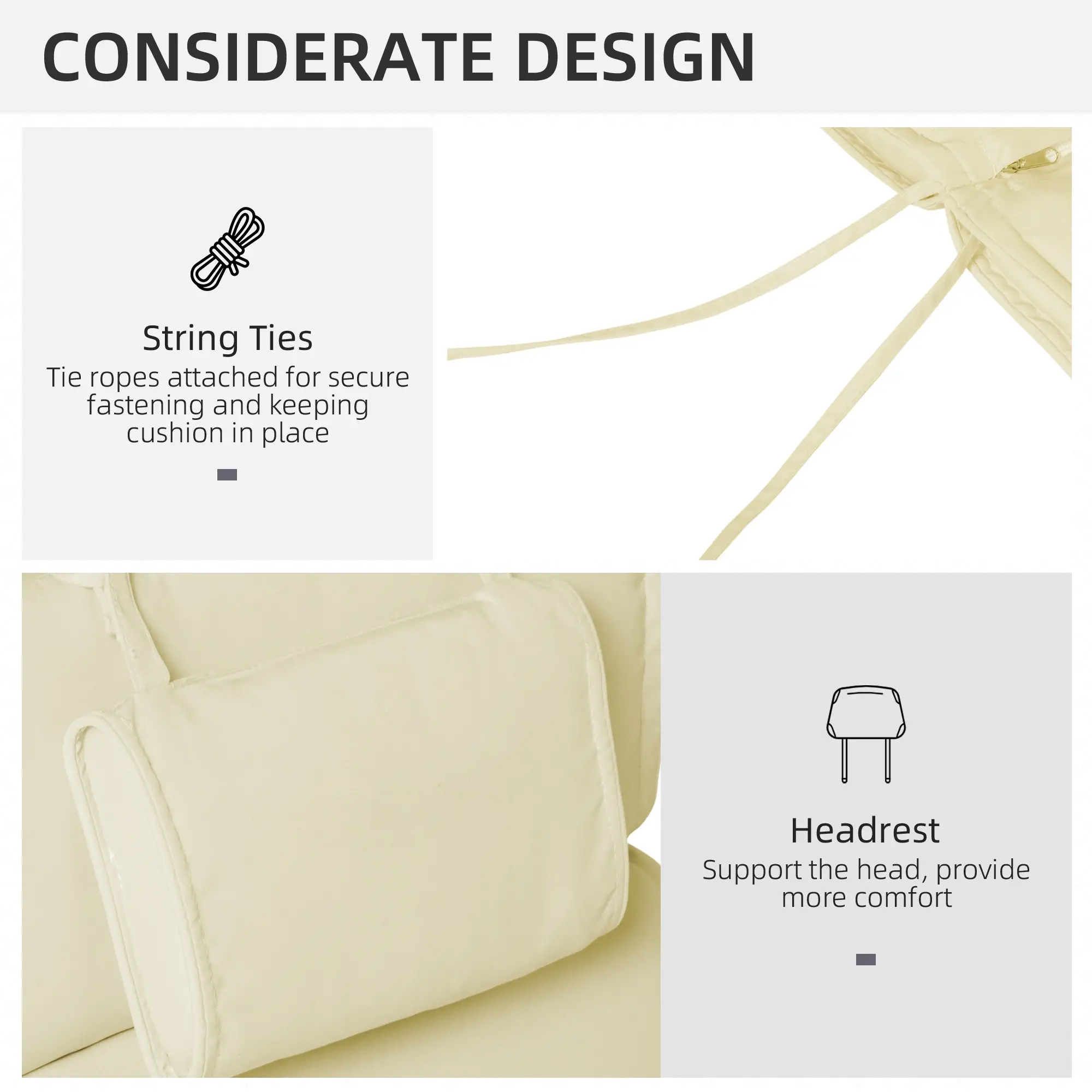Lounger Chair Cushion, Thick Padded with Headrest, Cream White - Image 5