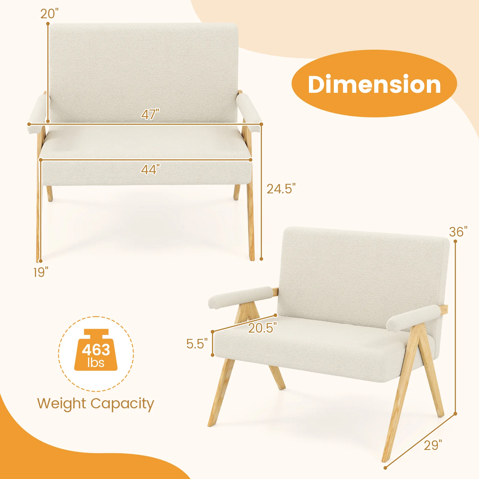 Loveseat Sofa With Armrests, Wooden Legs, Beige - Image 6