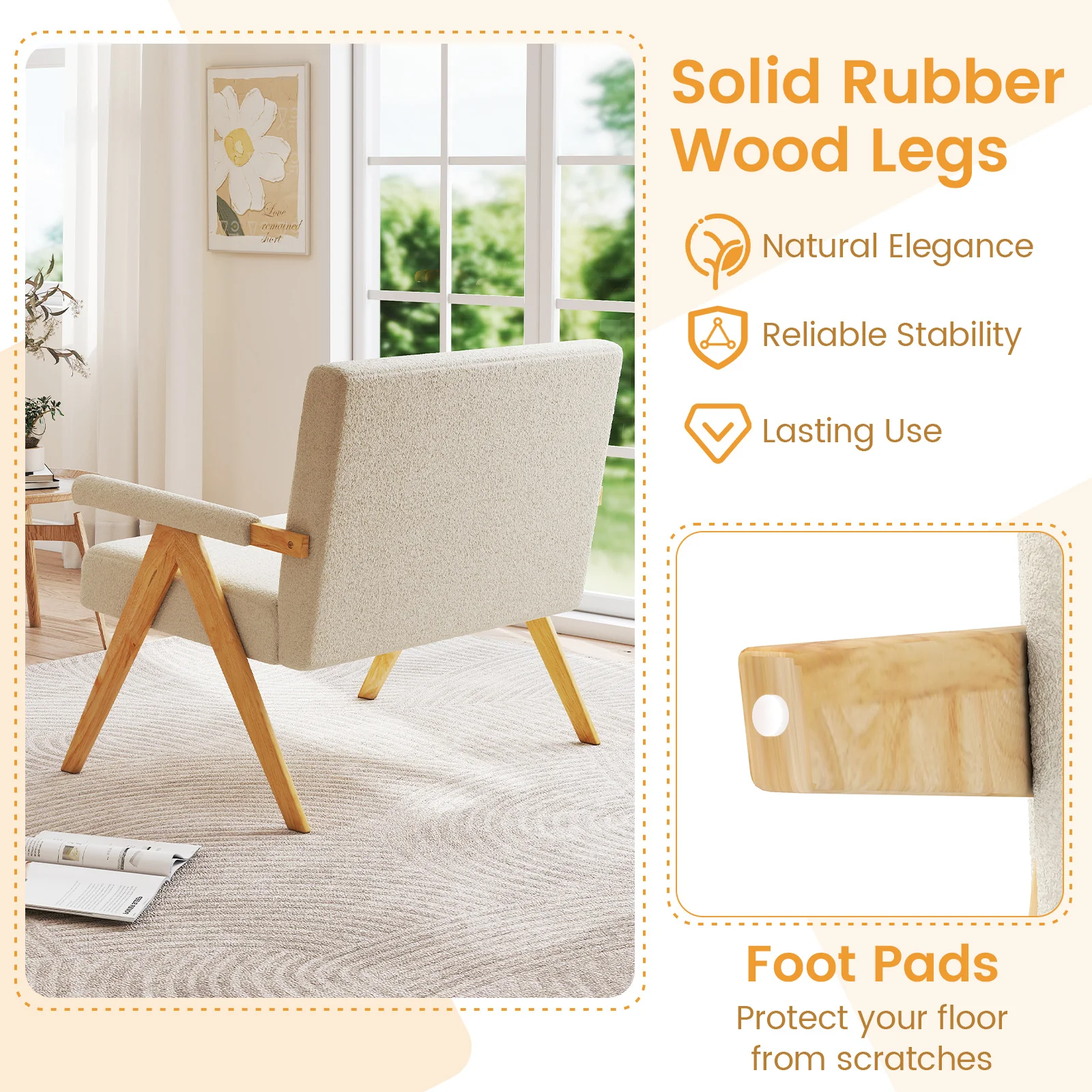 Loveseat Sofa With Armrests, Wooden Legs, Beige - Image 9