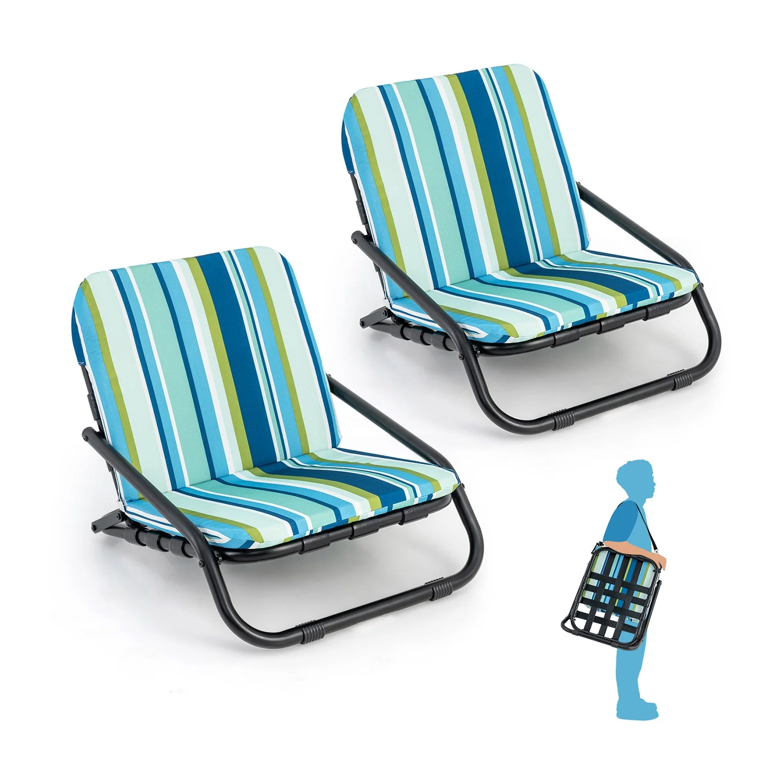 Low Folding Beach Chairs, 2 Pack With Cushion, Blue