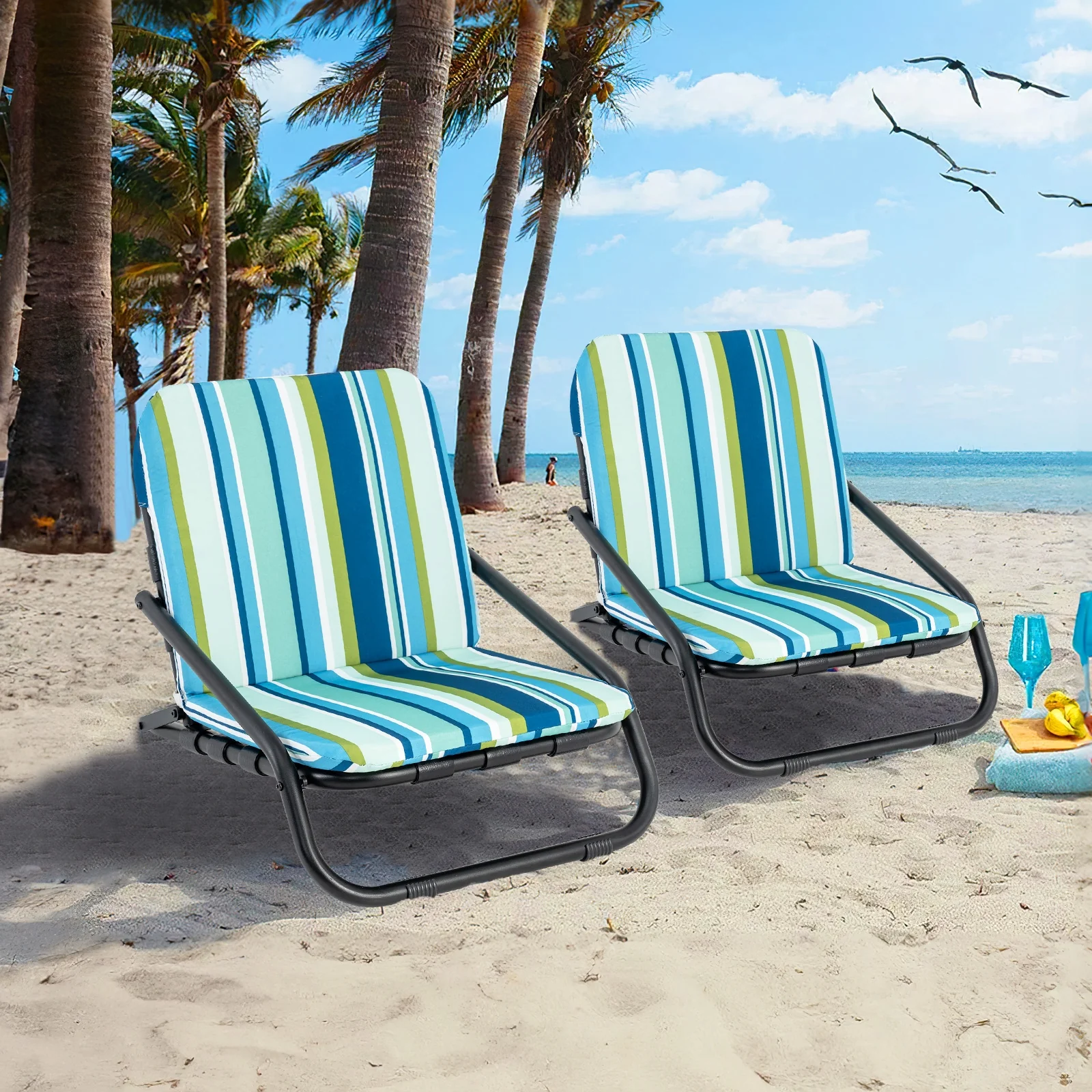 Low Folding Beach Chairs, 2 Pack With Cushion, Blue - Image 2