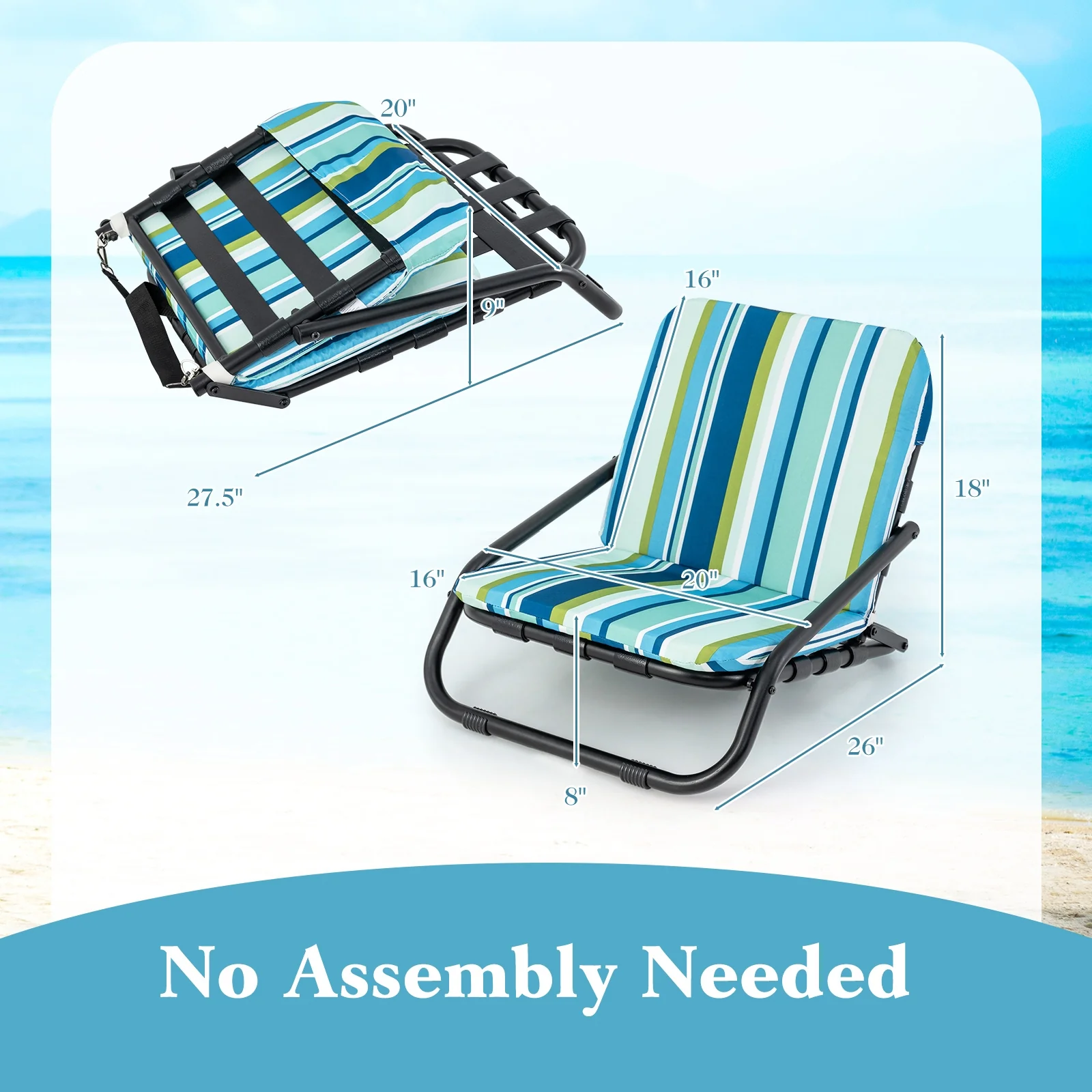 Low Folding Beach Chairs, 2 Pack With Cushion, Blue - Image 5