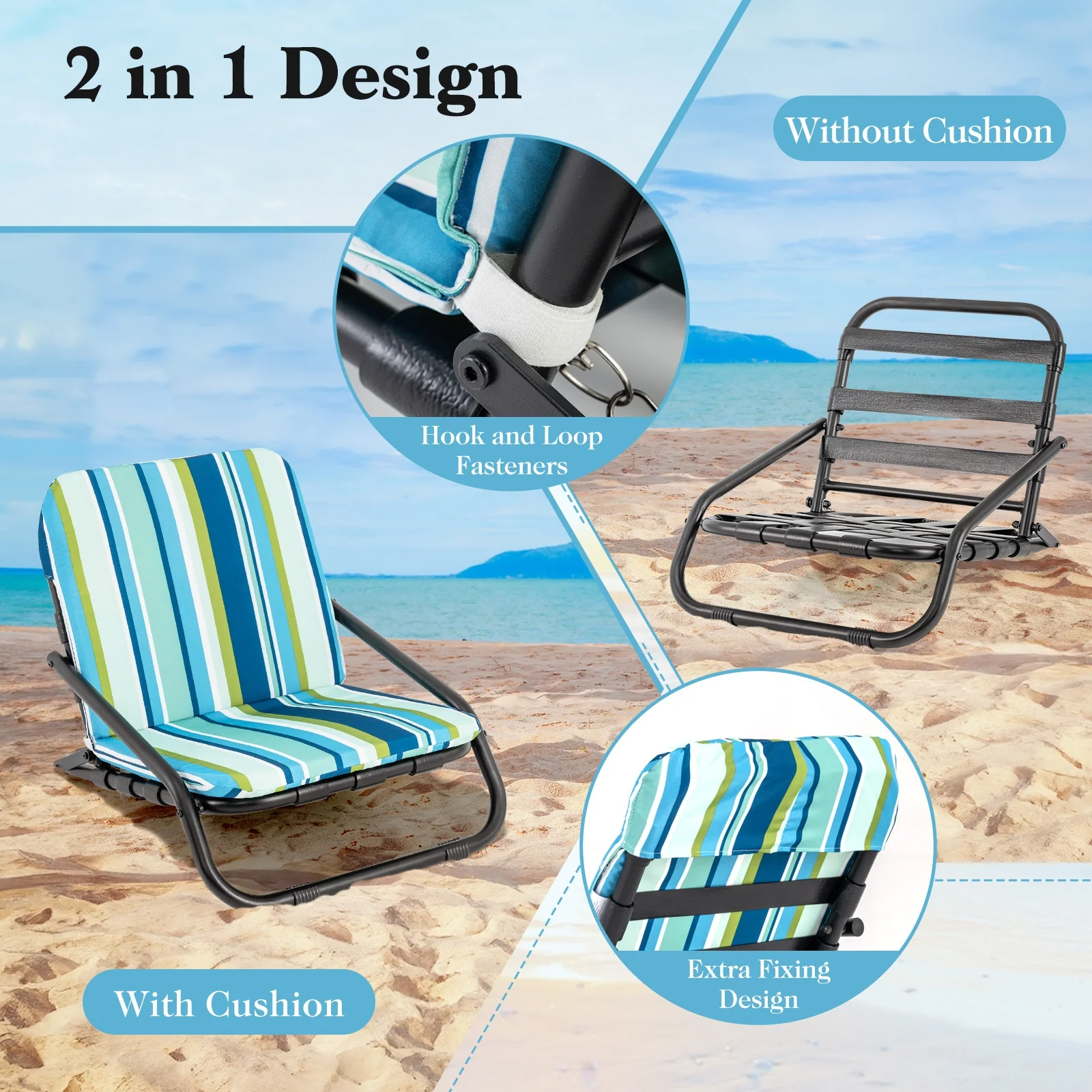 Low Folding Beach Chairs, 2 Pack With Cushion, Blue - Image 9