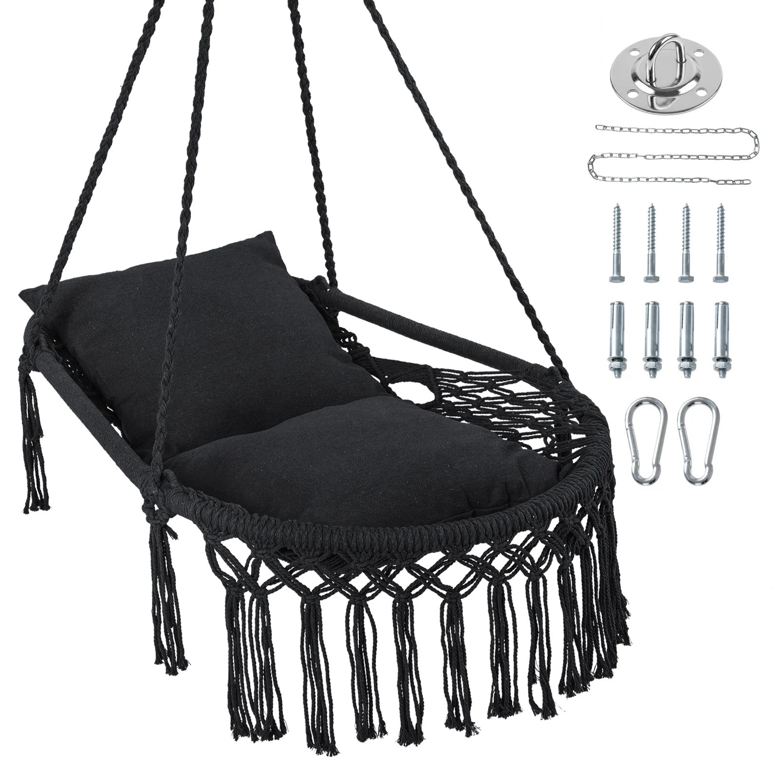 Macrame Swing Chair Hammock, 2 Removable Cushions, Black