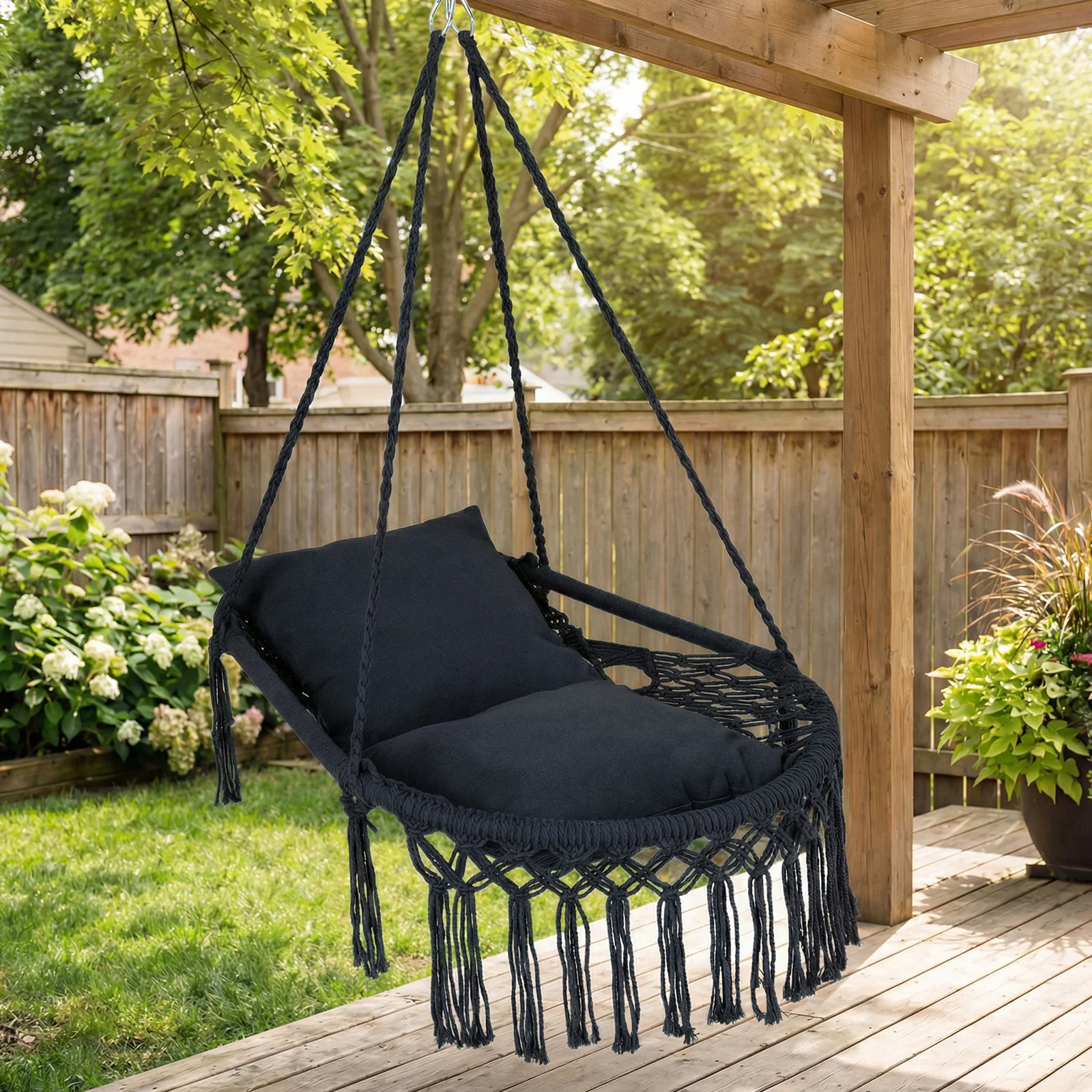 Macrame Swing Chair Hammock, 2 Removable Cushions, Black - Image 3