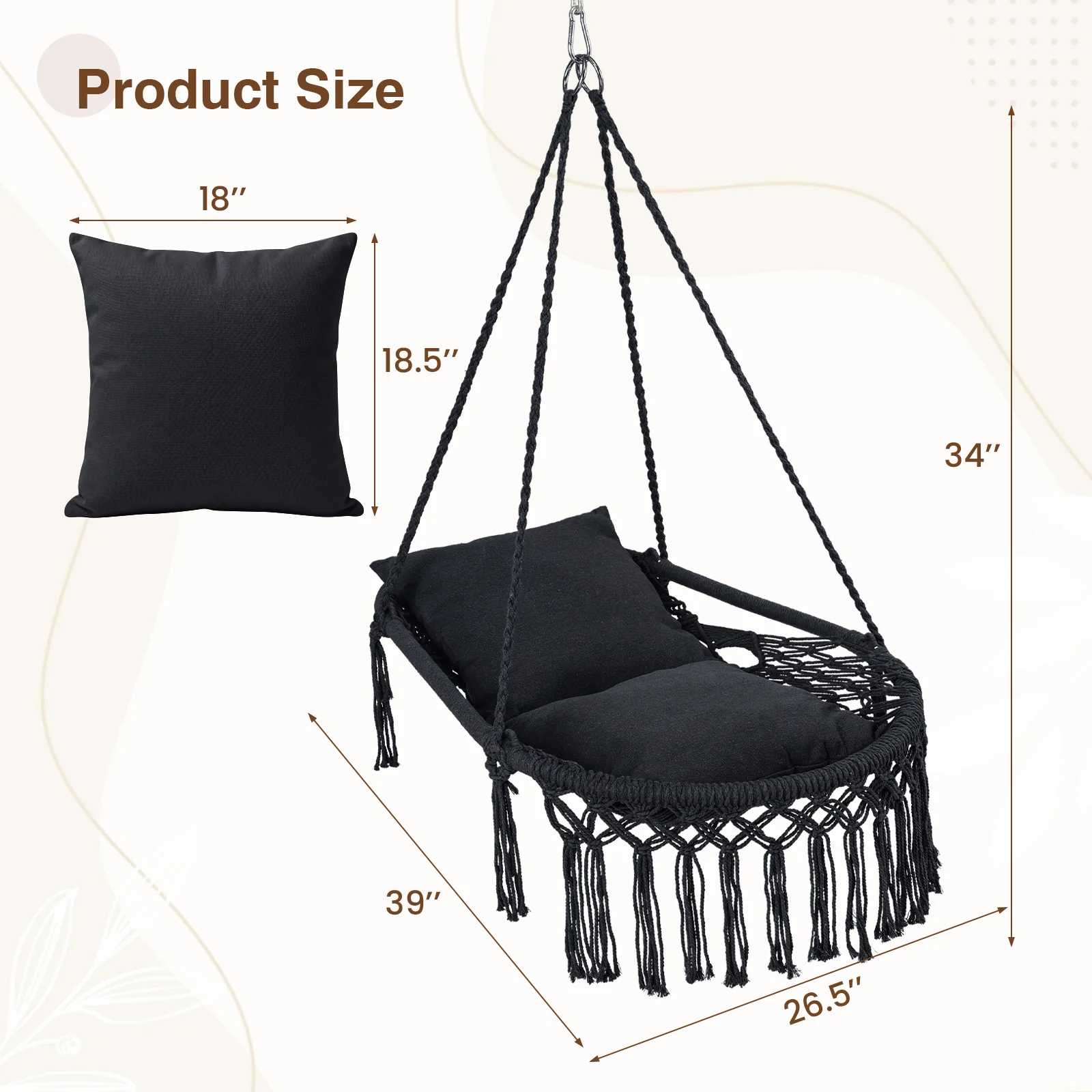 Macrame Swing Chair Hammock, 2 Removable Cushions, Black - Image 5