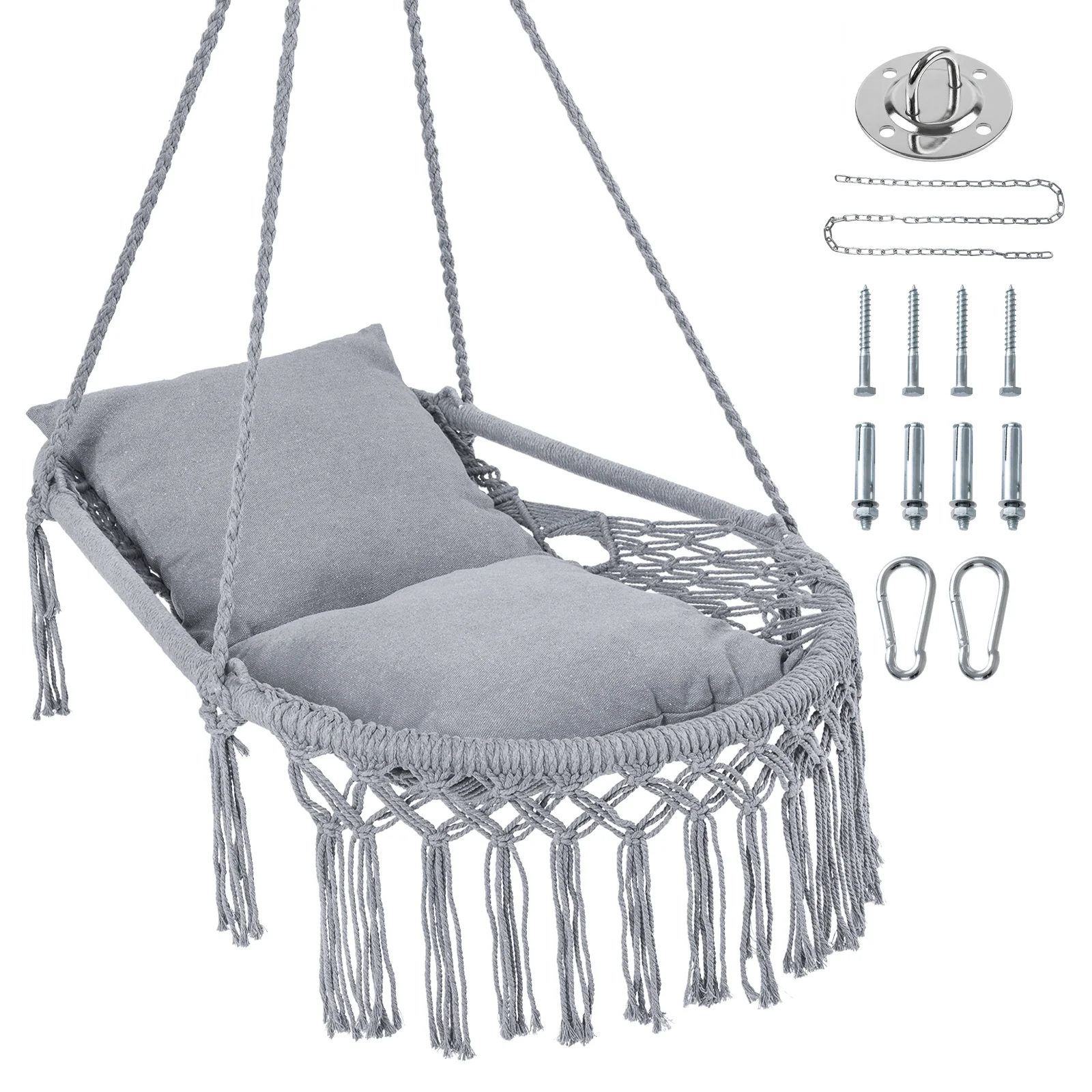 Macrame Swing Chair Hammock With 2 Removable Cushions, Gray