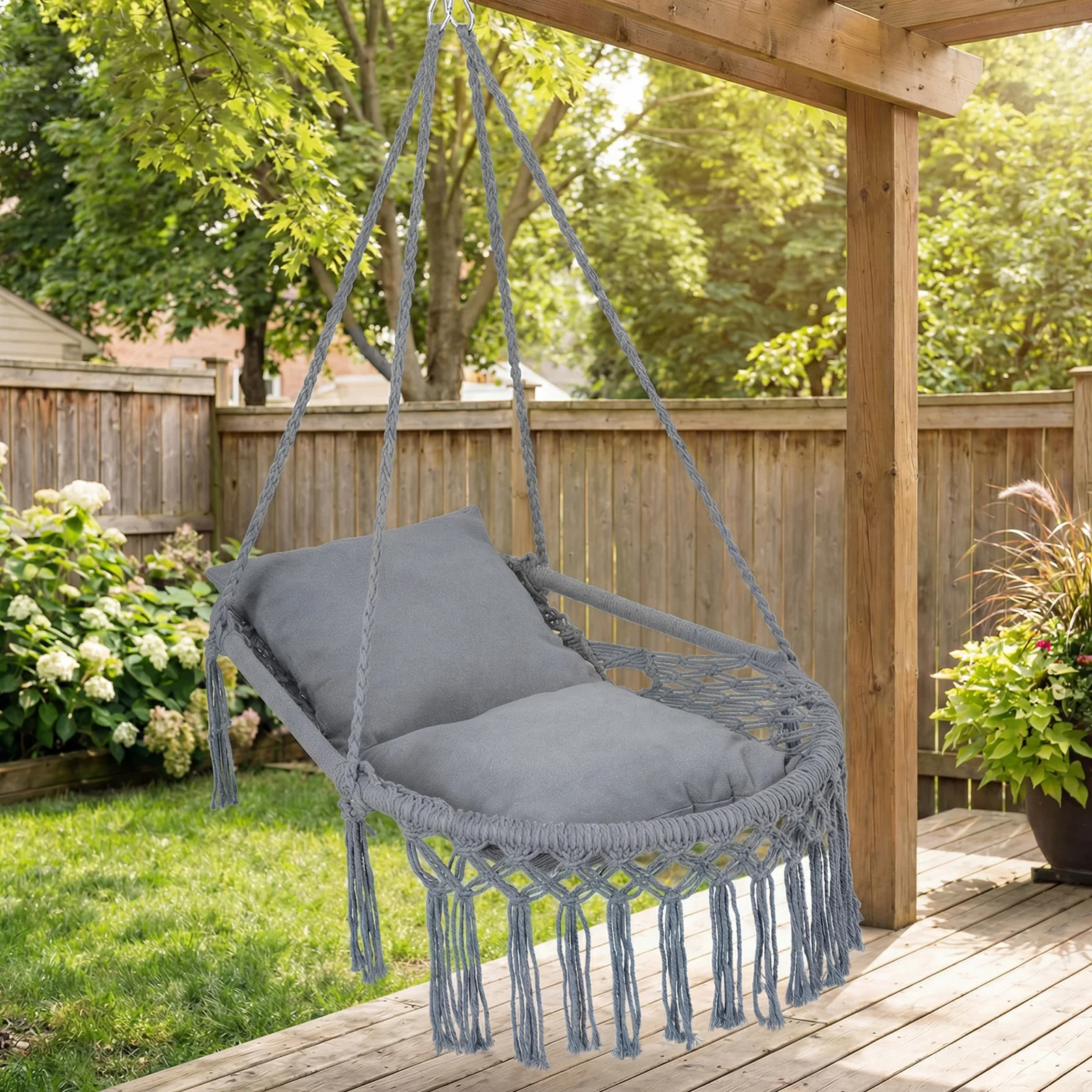 Macrame Swing Chair Hammock With 2 Removable Cushions, Gray - Image 3