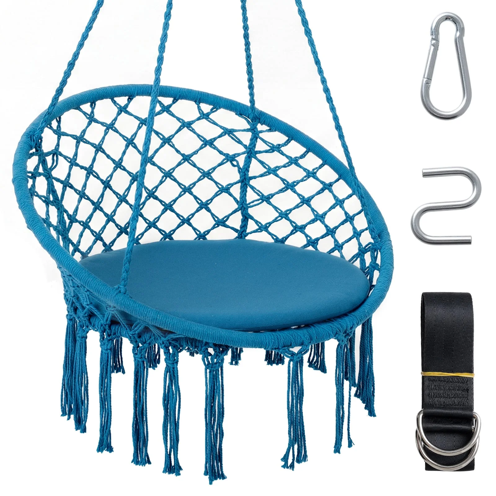 Macrame Swing Chair, Round Seat Cushion, Blue