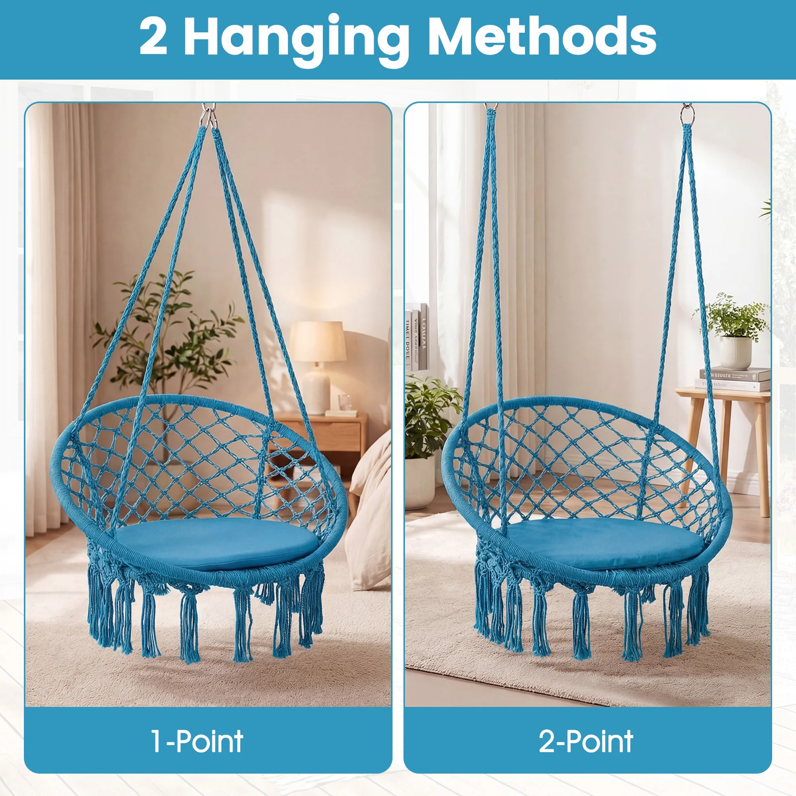 Macrame Swing Chair, Round Seat Cushion, Blue - Image 6