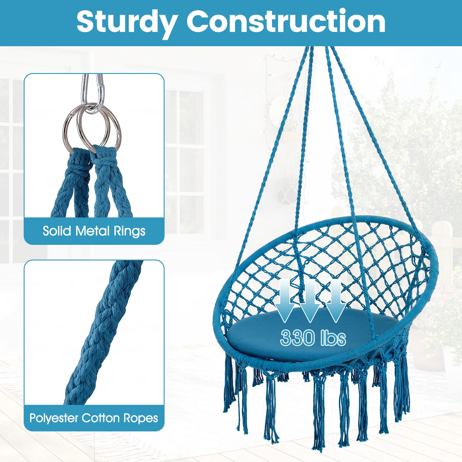 Macrame Swing Chair, Round Seat Cushion, Blue - Image 7