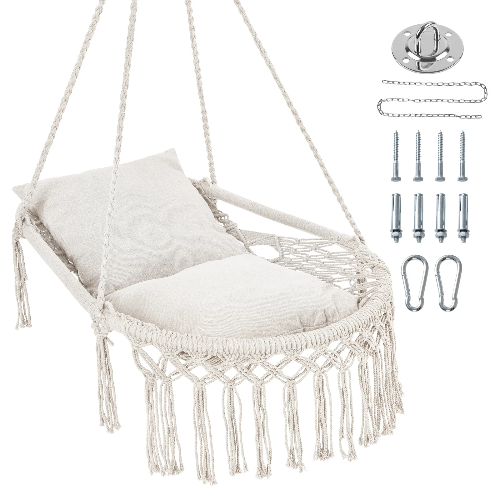 Macrame Swing Chair With 2 Removable Cushions, Beige