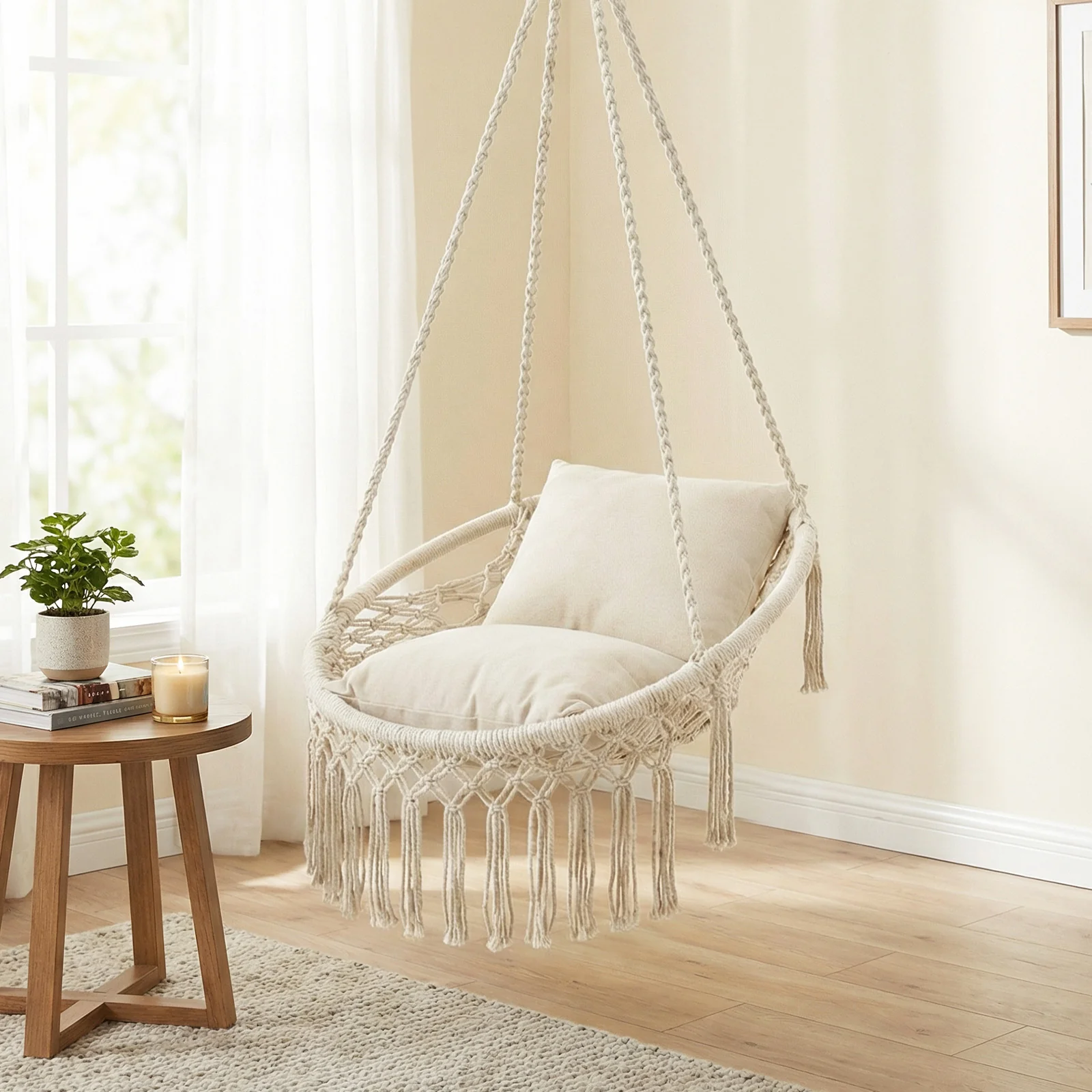 Macrame Swing Chair With 2 Removable Cushions, Beige - Image 2