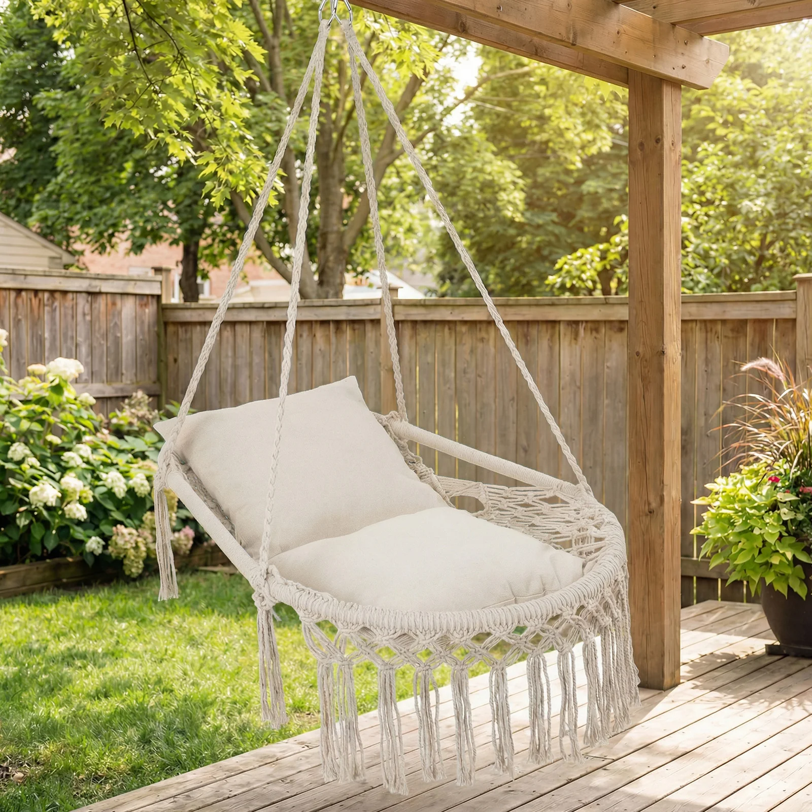 Macrame Swing Chair With 2 Removable Cushions, Beige - Image 3