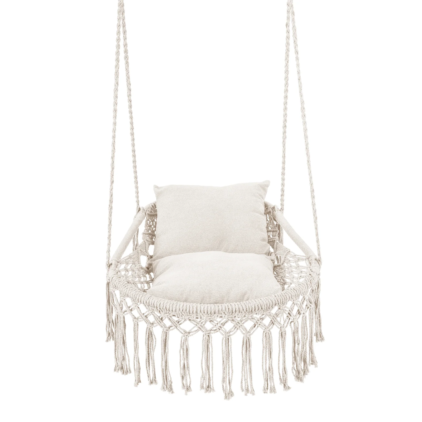 Macrame Swing Chair With 2 Removable Cushions, Beige - Image 4