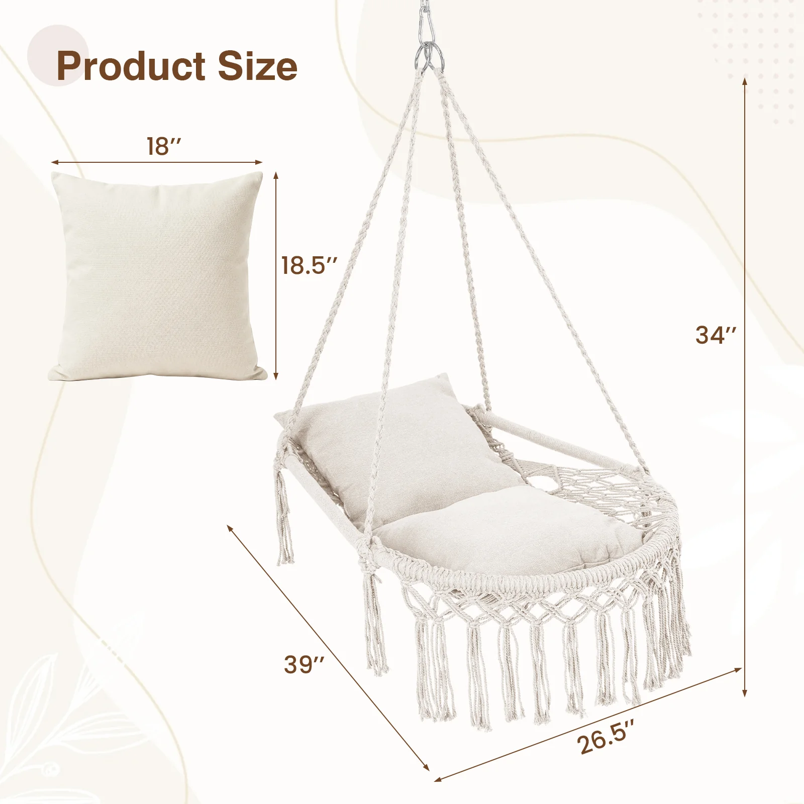 Macrame Swing Chair With 2 Removable Cushions, Beige - Image 5