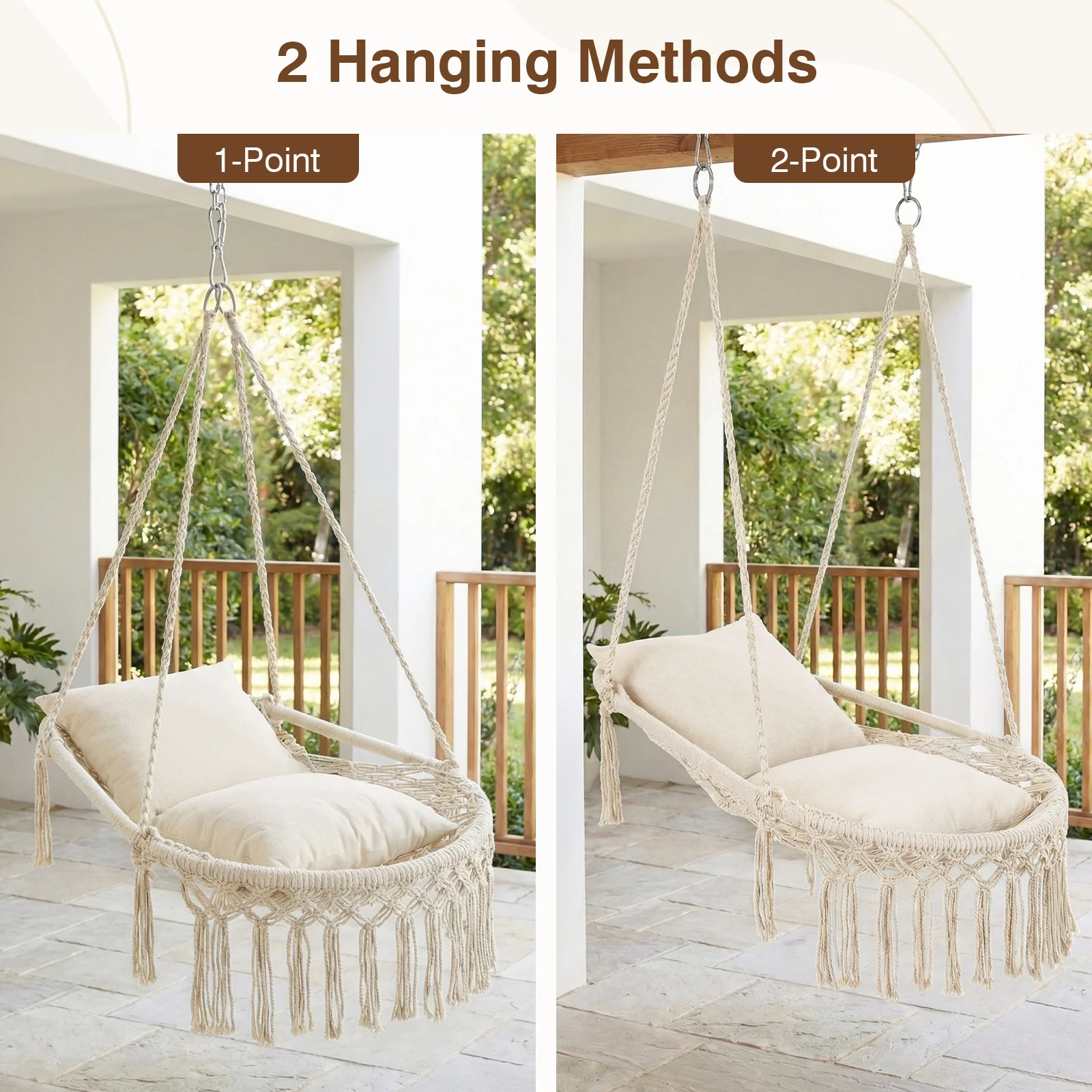 Macrame Swing Chair With 2 Removable Cushions, Beige - Image 6