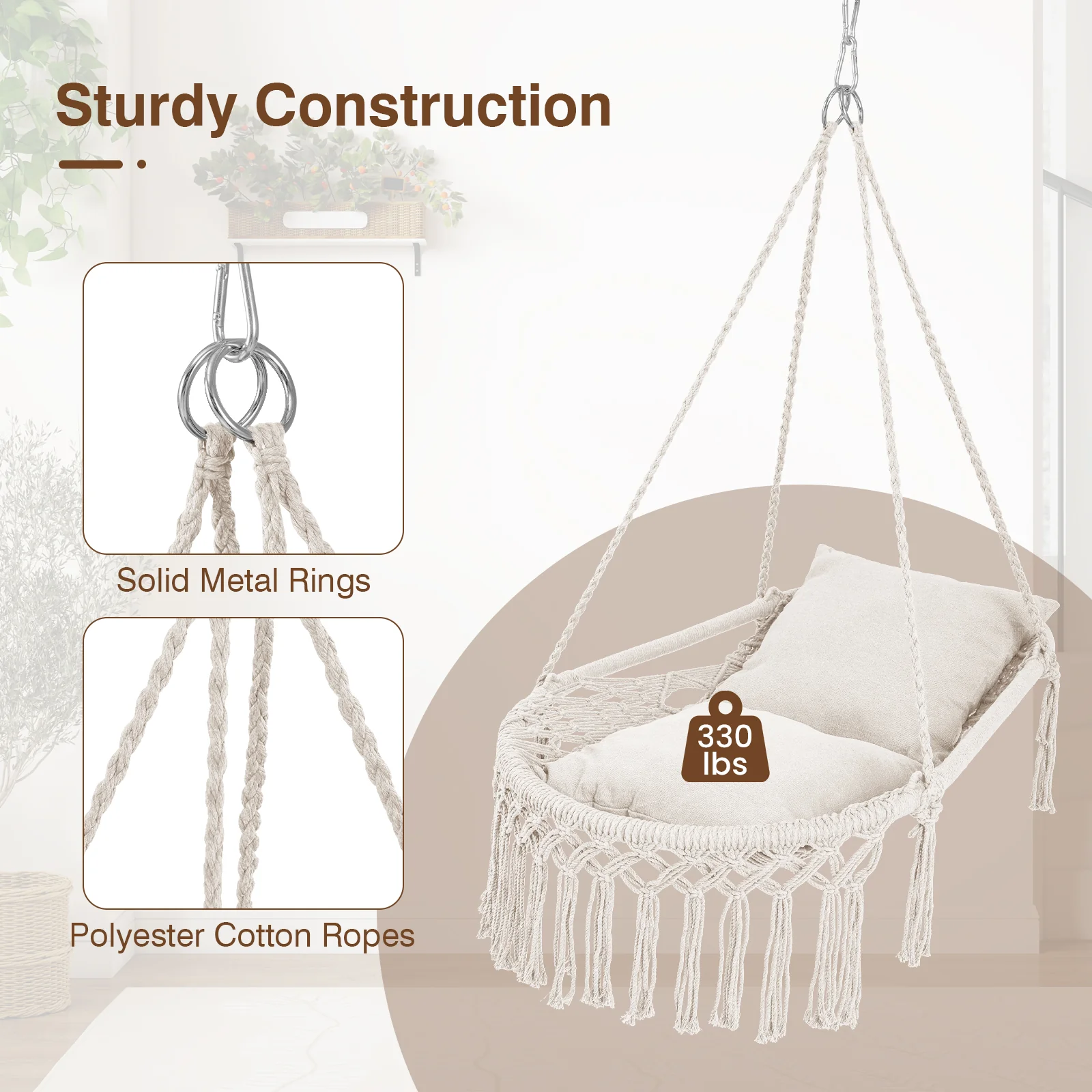 Macrame Swing Chair With 2 Removable Cushions, Beige - Image 7