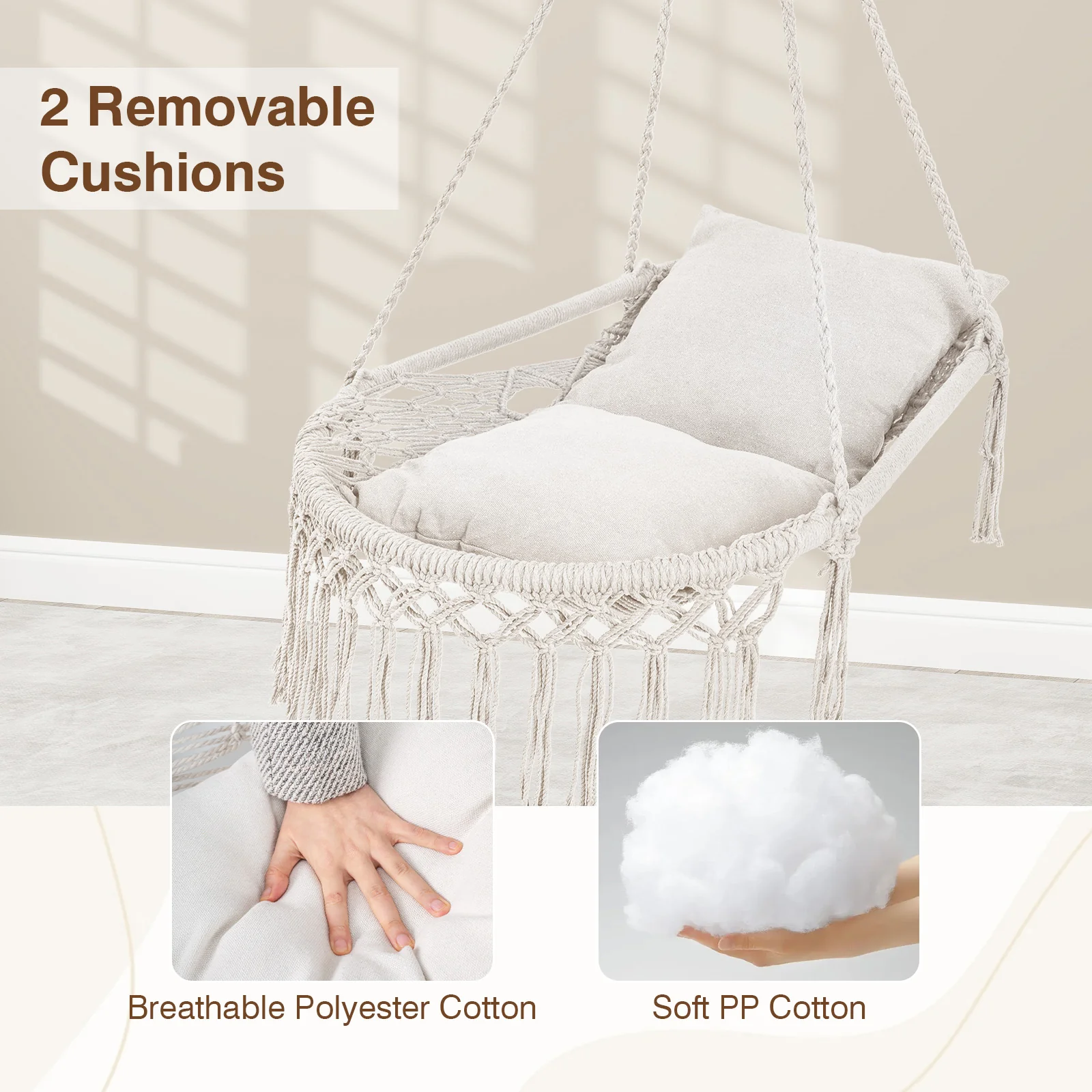 Macrame Swing Chair With 2 Removable Cushions, Beige - Image 8