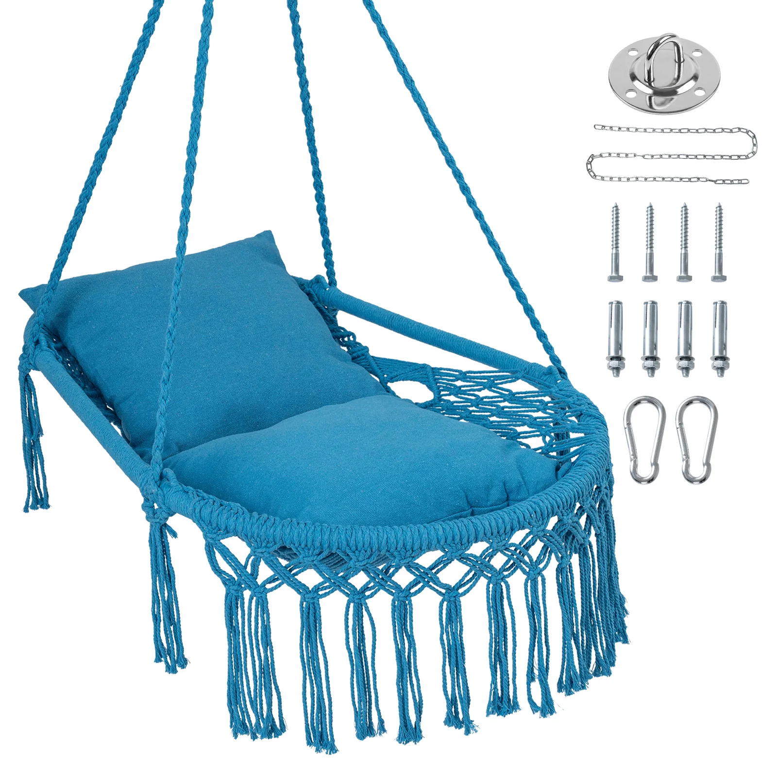 Macrame Swing Chair With 2 Removable Cushions, Navy