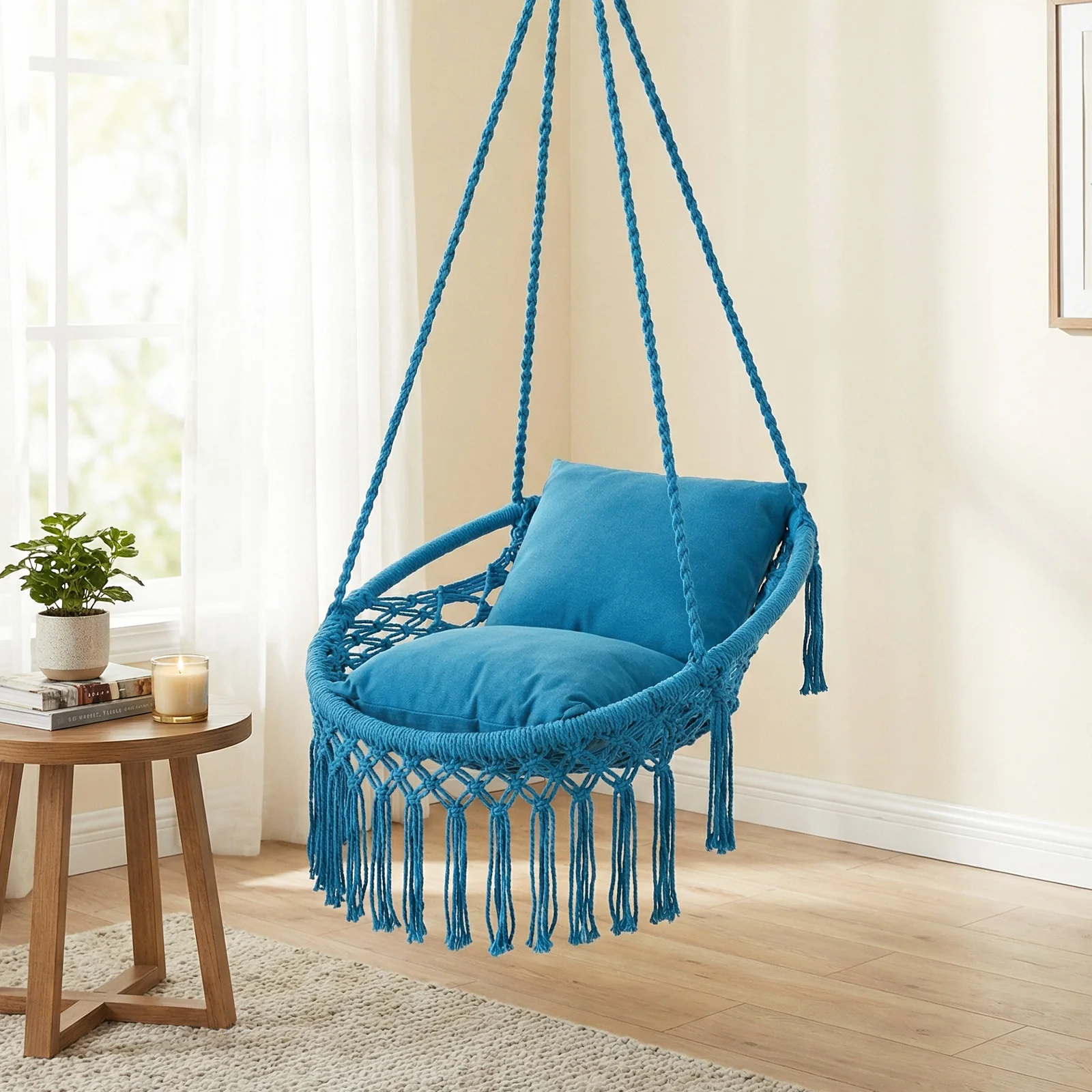 Macrame Swing Chair With 2 Removable Cushions, Navy - Image 2