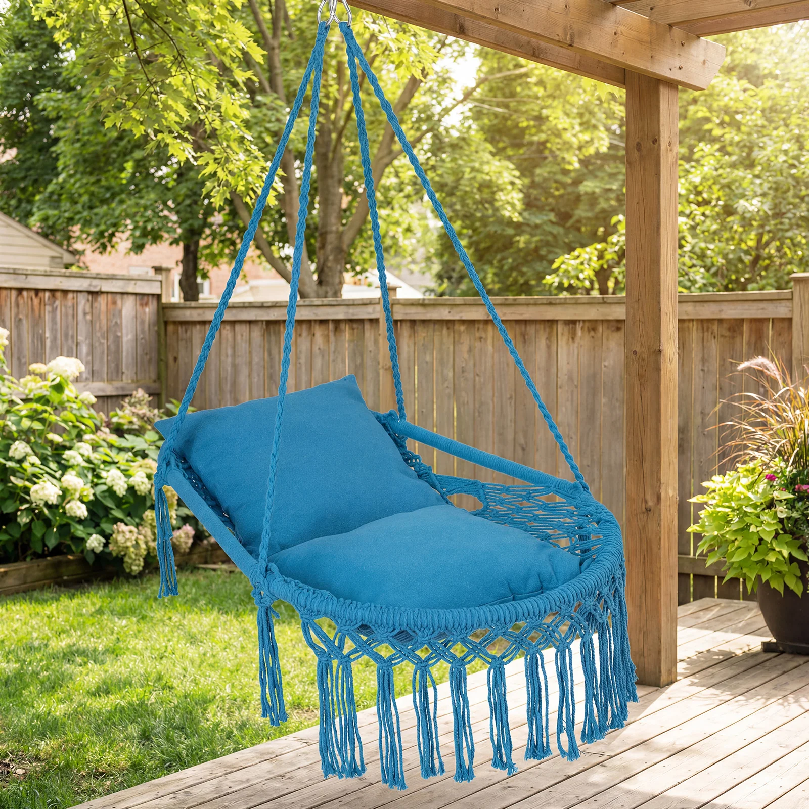 Macrame Swing Chair With 2 Removable Cushions, Navy - Image 3