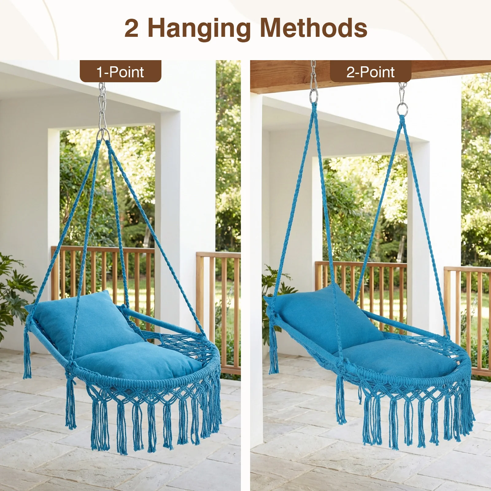 Macrame Swing Chair With 2 Removable Cushions, Navy - Image 6