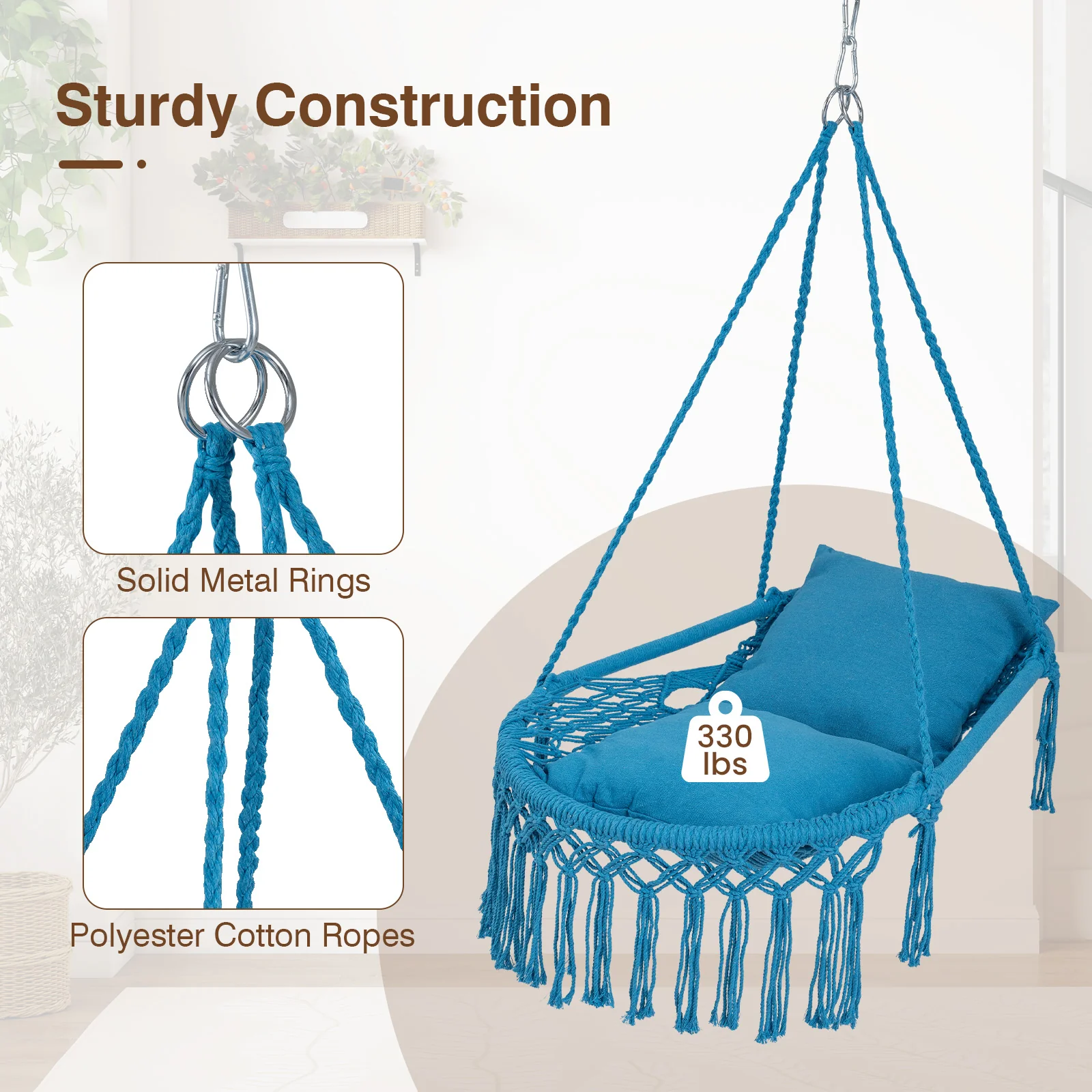 Macrame Swing Chair With 2 Removable Cushions, Navy - Image 7