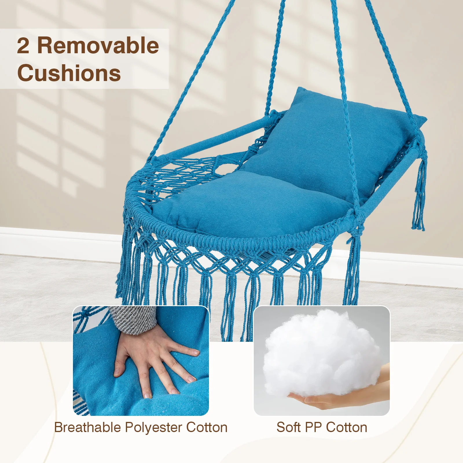 Macrame Swing Chair With 2 Removable Cushions, Navy - Image 8