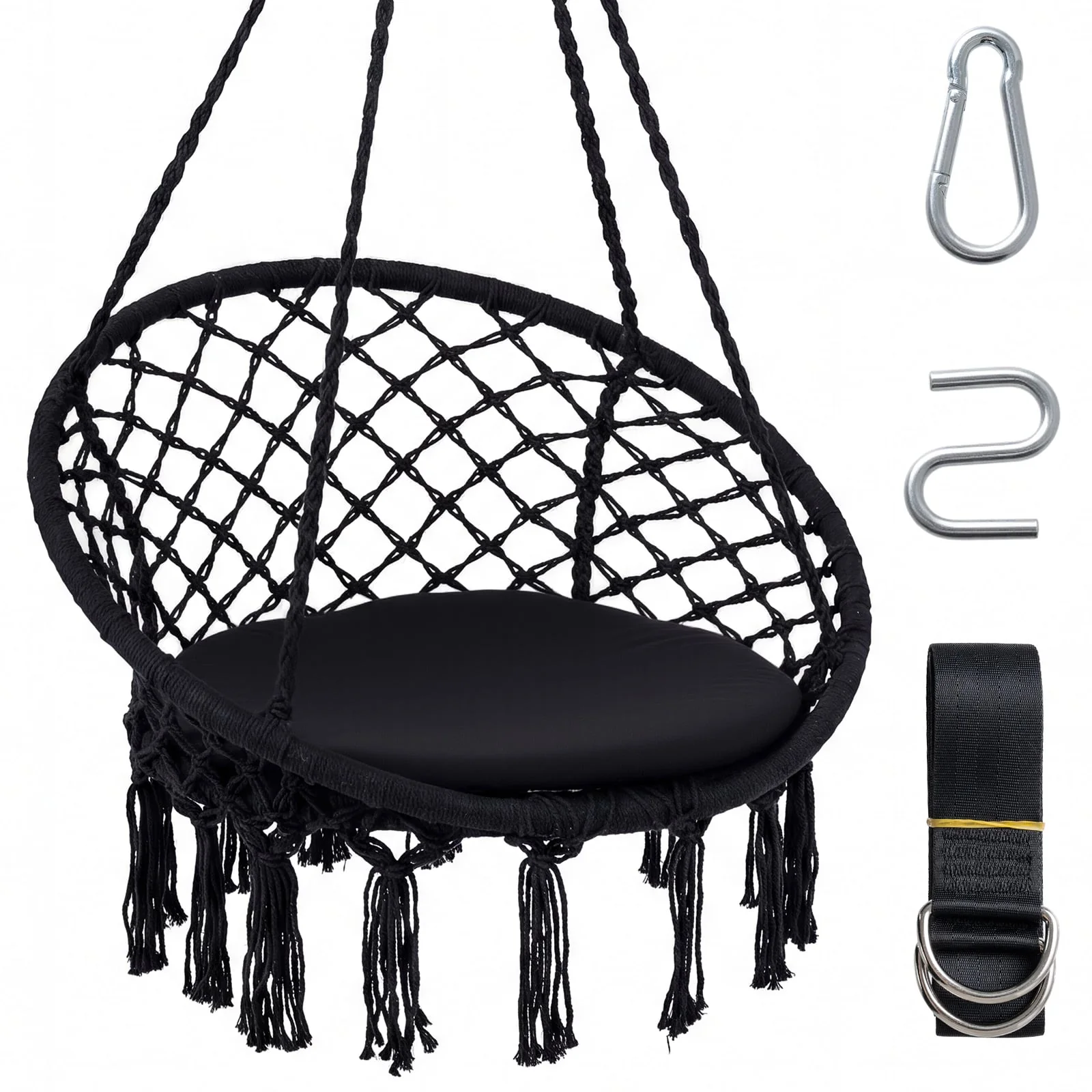 Macrame Swing Chair With Round Seat Cushion, Black