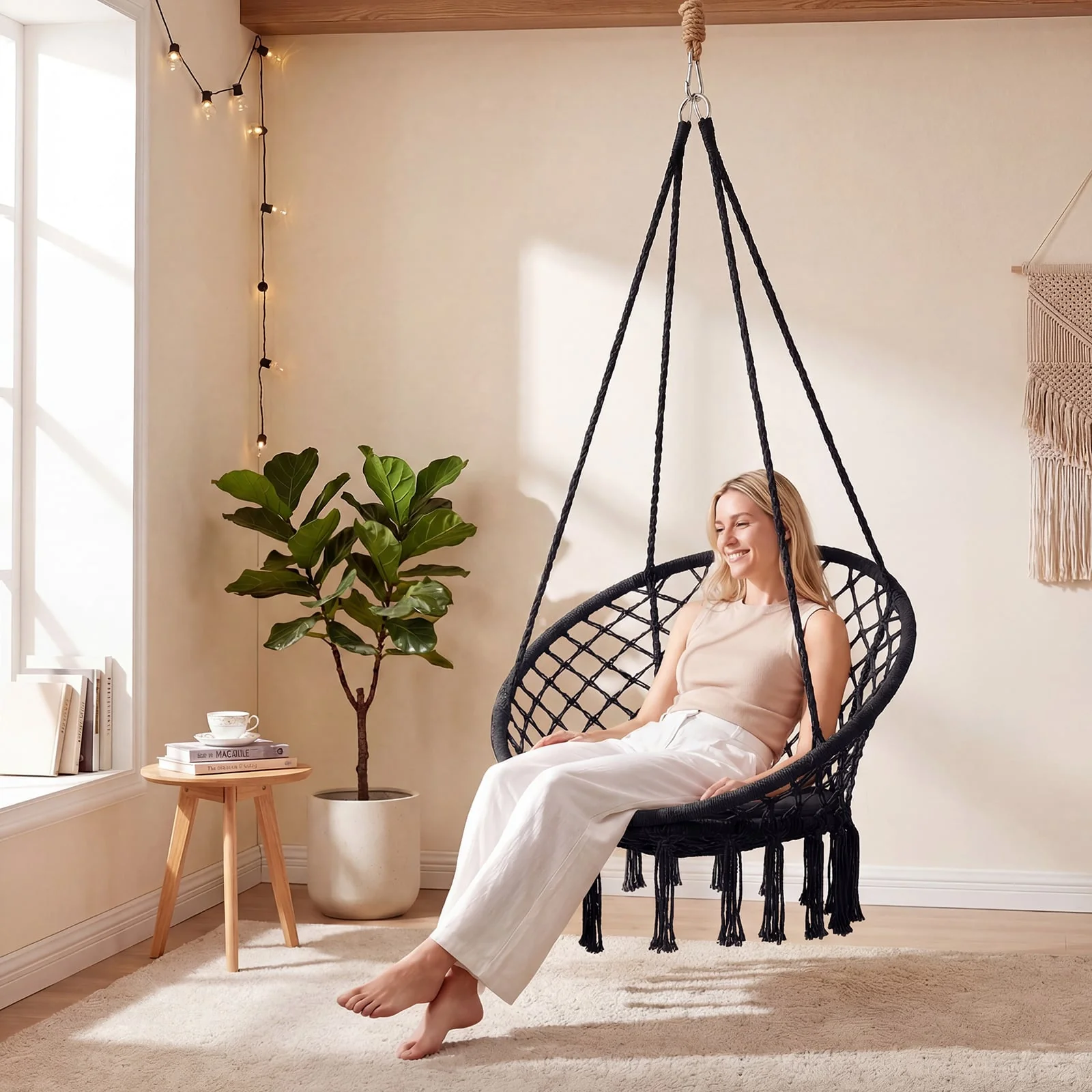 Macrame Swing Chair With Round Seat Cushion, Black - Image 2