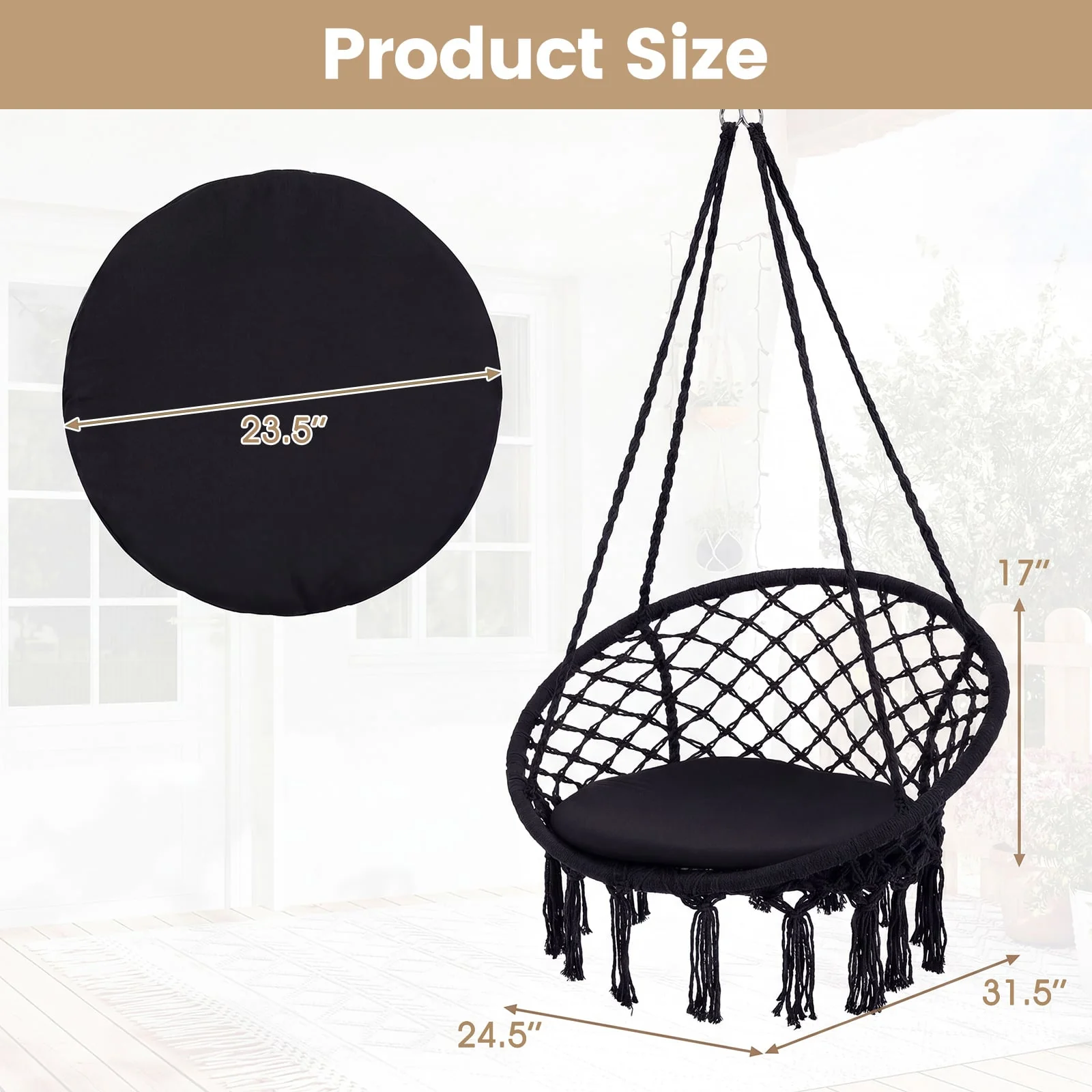 Macrame Swing Chair With Round Seat Cushion, Black - Image 5