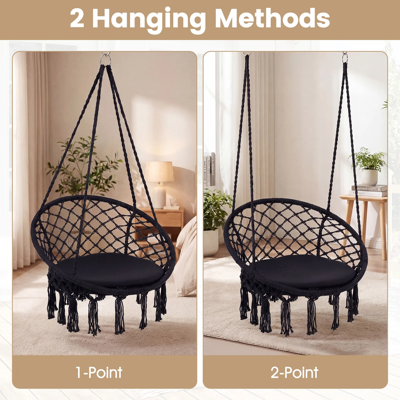 Macrame Swing Chair With Round Seat Cushion, Black - Image 6