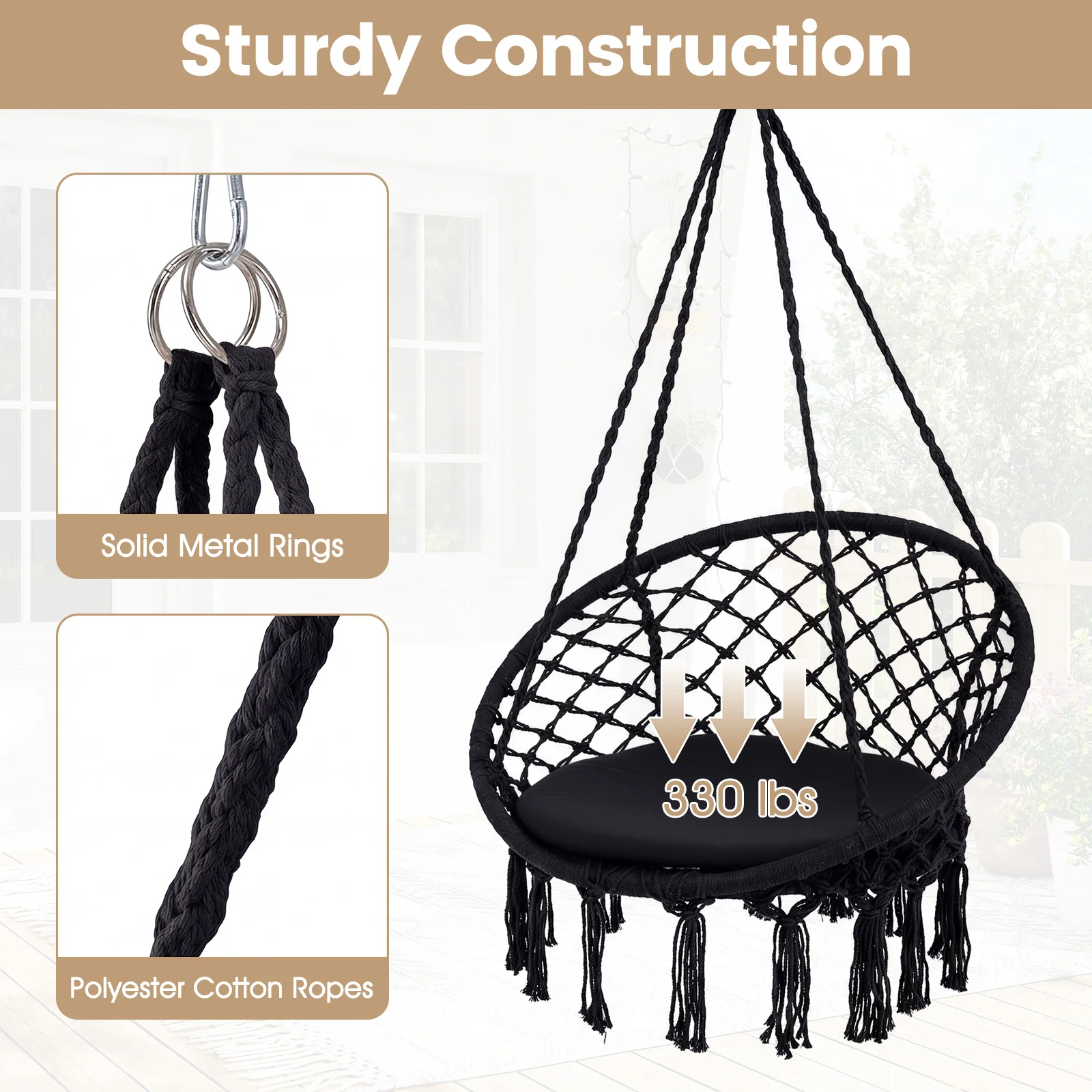 Macrame Swing Chair With Round Seat Cushion, Black - Image 7