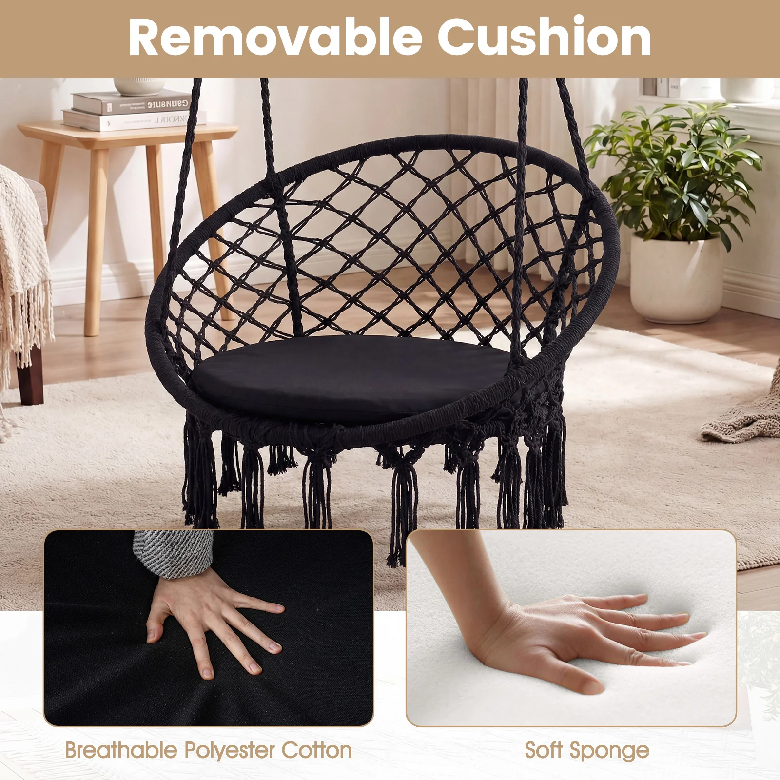 Macrame Swing Chair With Round Seat Cushion, Black - Image 8