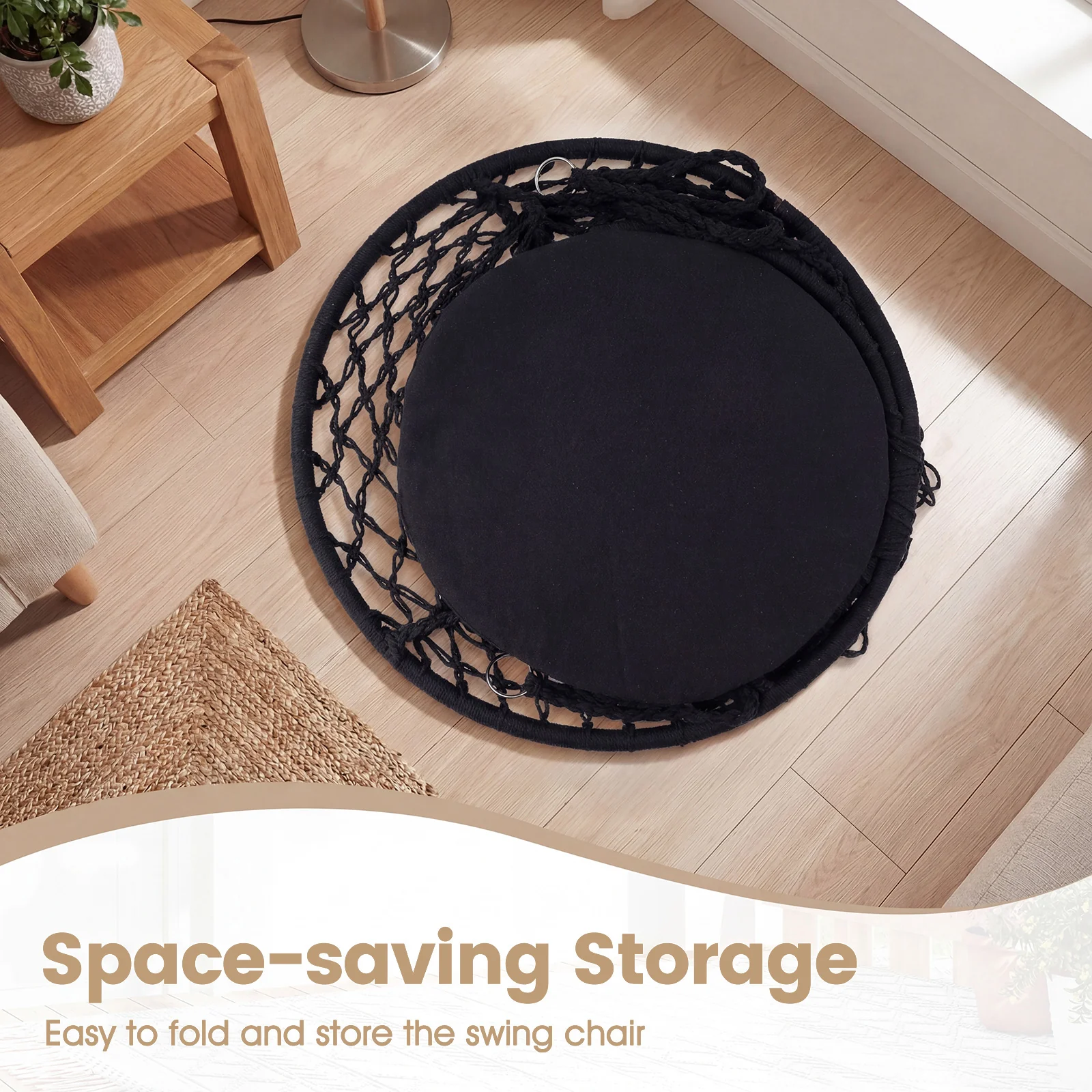 Macrame Swing Chair With Round Seat Cushion, Black - Image 9