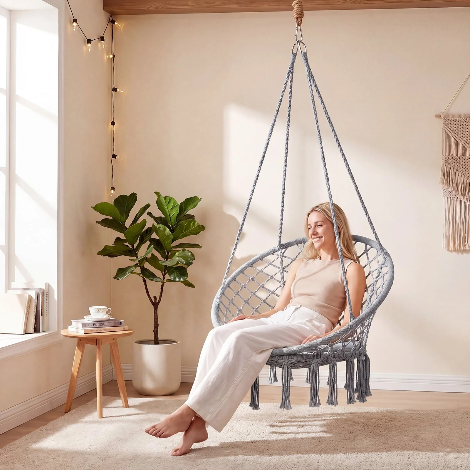 Macrame Swing Chair With Round Seat Cushion, Grey - Image 2