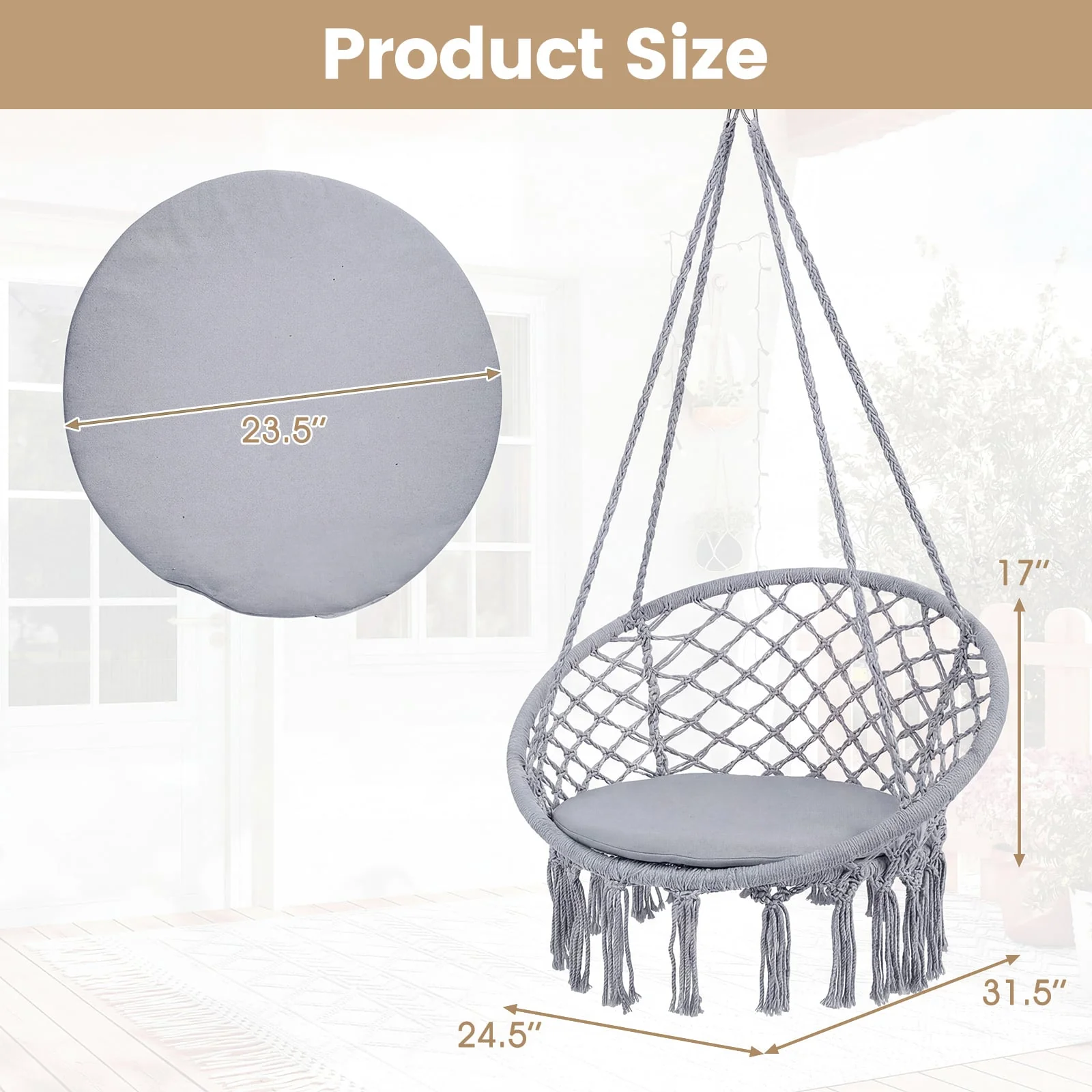 Macrame Swing Chair With Round Seat Cushion, Grey - Image 5